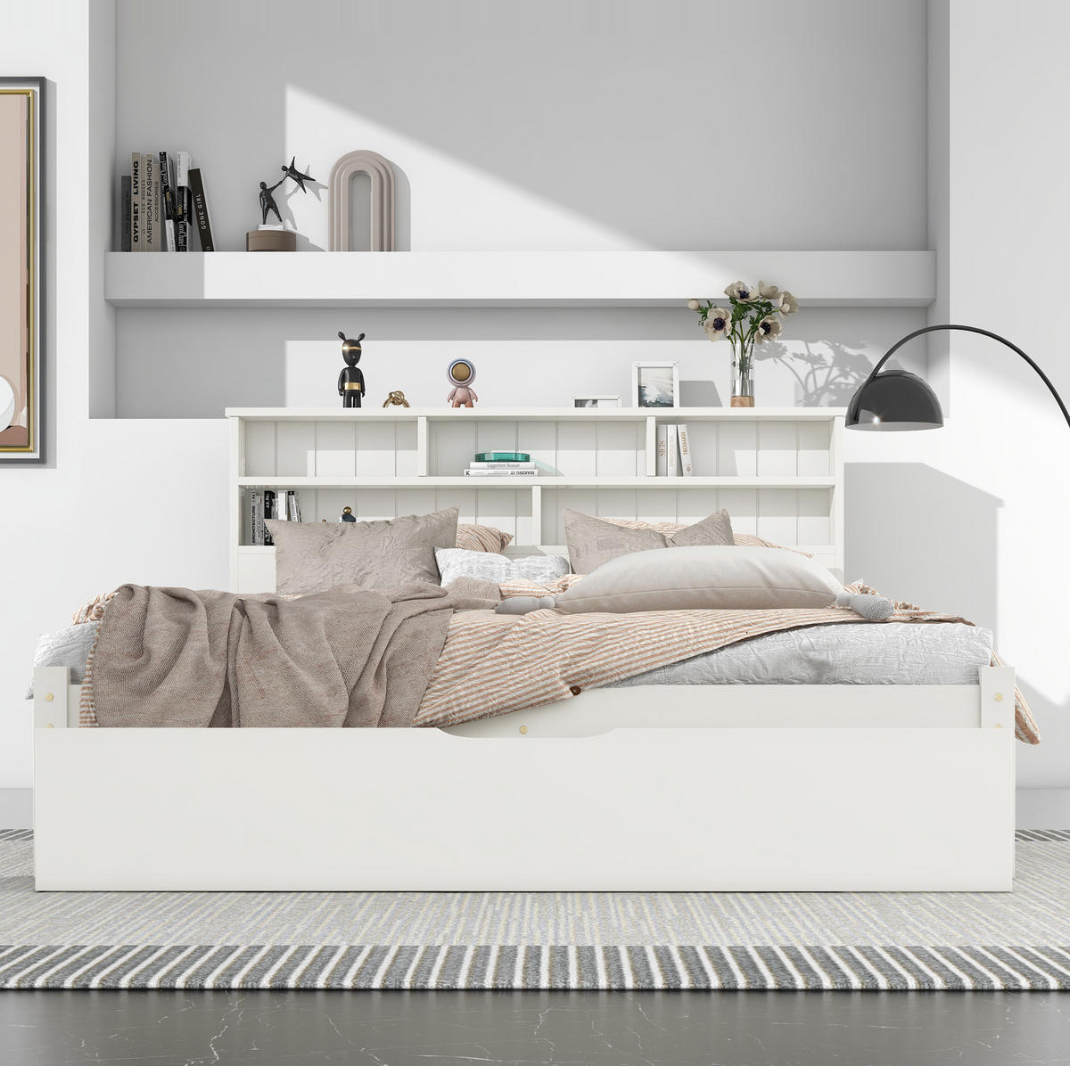 BETT 140/200 cm Weiß aus Massivholz mit Schubladen und Bücherregal-Kopfteil - Weiß, Holz (140/200cm) - Flora Grace