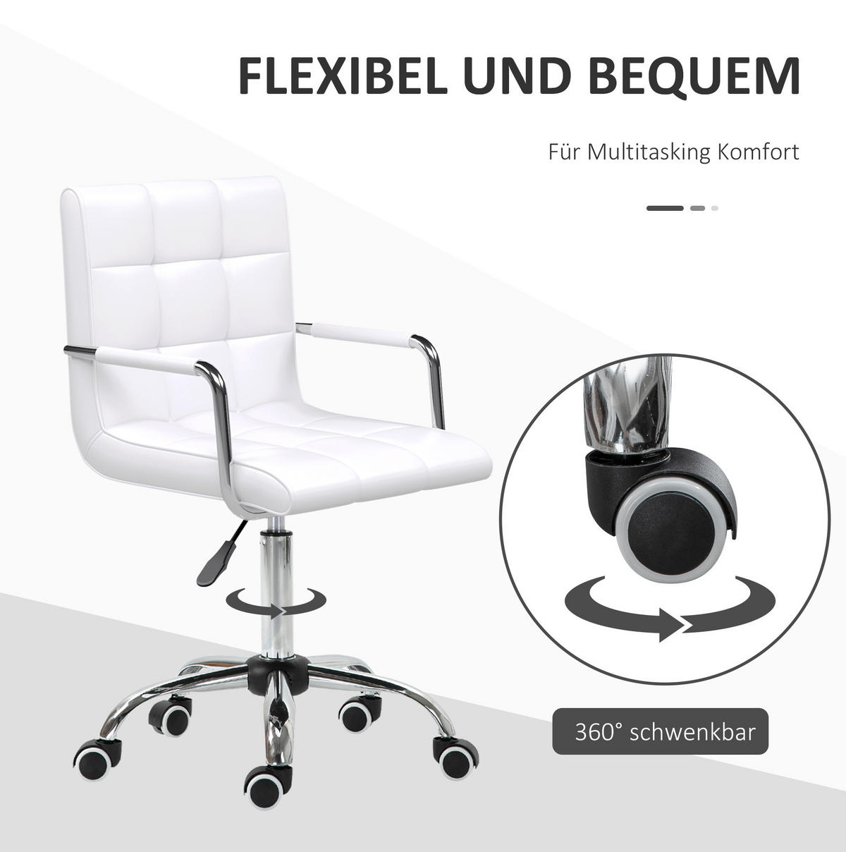 DREHSTUHL Weiß höhenverstellbar mit Kunstlederbezug und Rollen,52.5/99/54 cm - Weiß, Kunststoff (54/99/52.5cm) - Flora Grace
