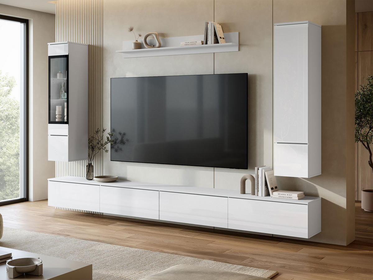 WOHNWAND Vera VIII mit weißer LED Beleuchtung - Weiß Hochglanz/Silberfarben, Holzwerkstoff/Kunststoff (300/130/33cm) - MIRJAN24