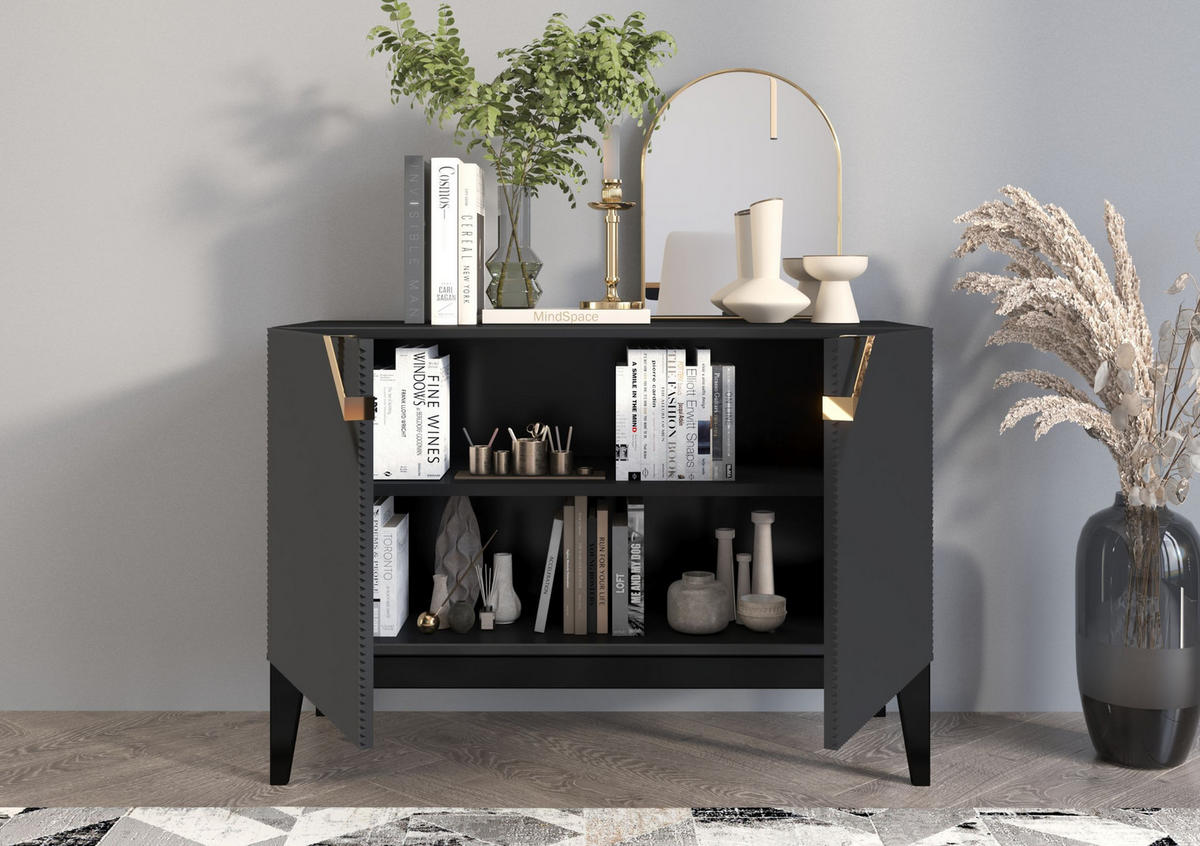 SIDEBOARD Demi 2D Long, Schwarz-Gold, Mit Gefrästen Fronten, Massive Buche - Schwarz, Holz/Holzwerkstoff (100.5/70/42cm) - Visby
