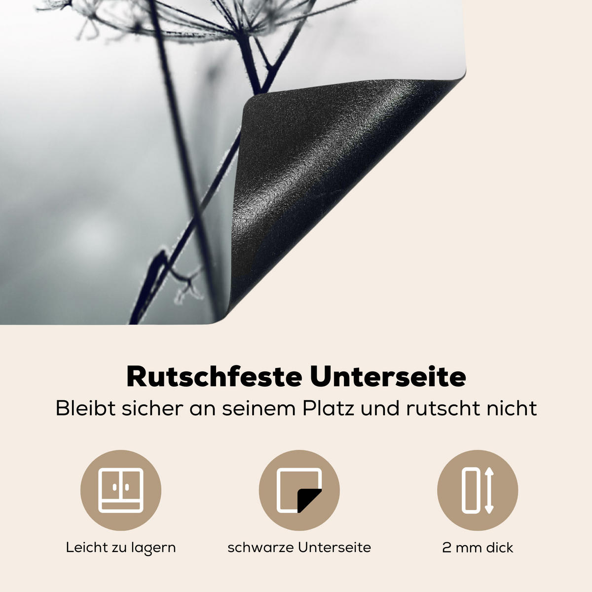 HERDABDECKPLATTE Blumen - Winter - Schnee - Natur Ceranfeldabdeckung 76x51.5 cm - Grau, Kunststoff (76/51.5/0.2cm) - MuchoWow