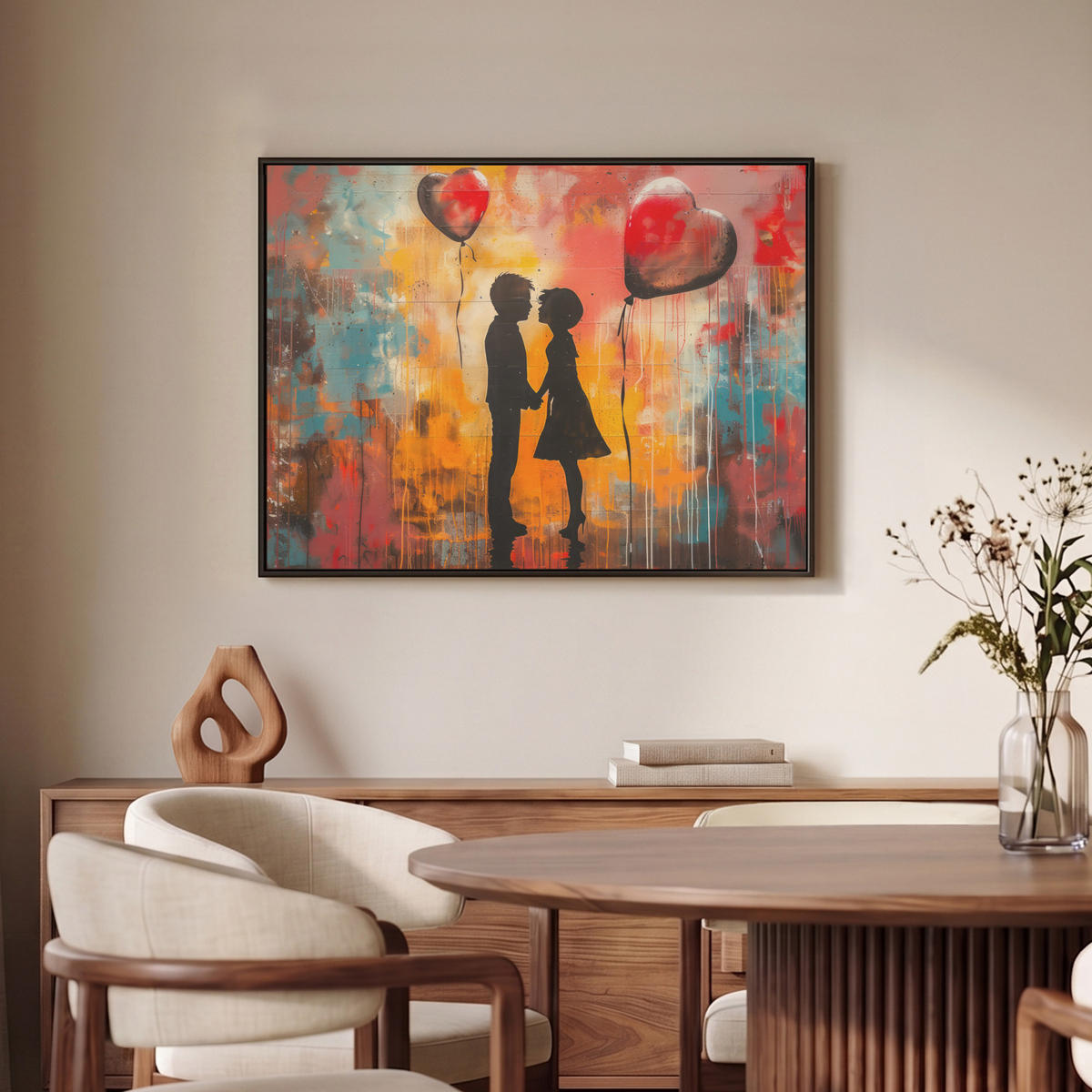 LEINWAND Bilder mit Rahmen - Straßenkunst - Liebe - Graffiti - Kunst - Banksy - 70x50 - Orange, Textil (70/50cm) - MuchoWow