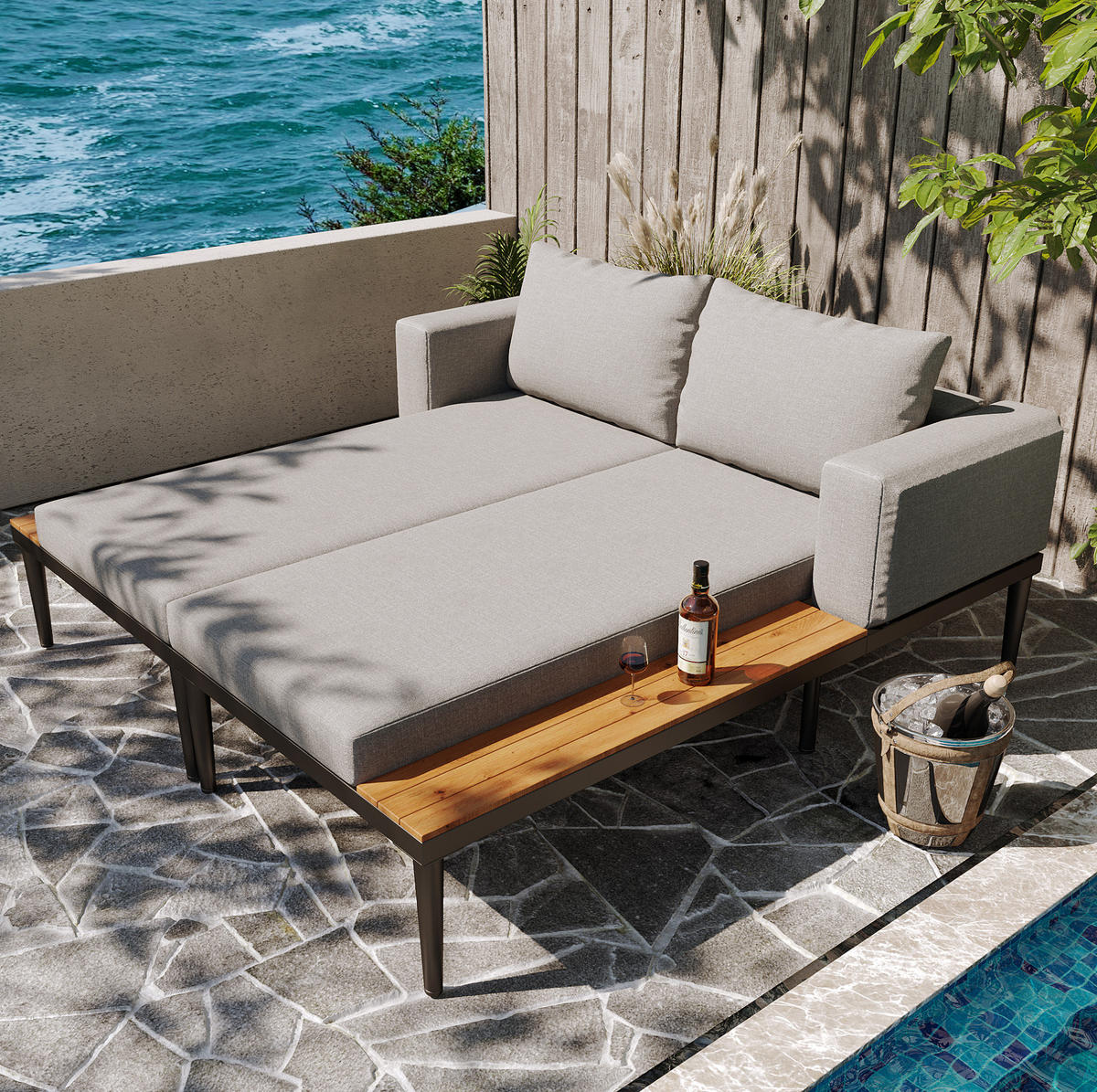 GARTENLIEGE 150/140/30 cm grau aus Metall und Polyester teilbar - Grau, Metall (150/30/140cm) - OKWISH