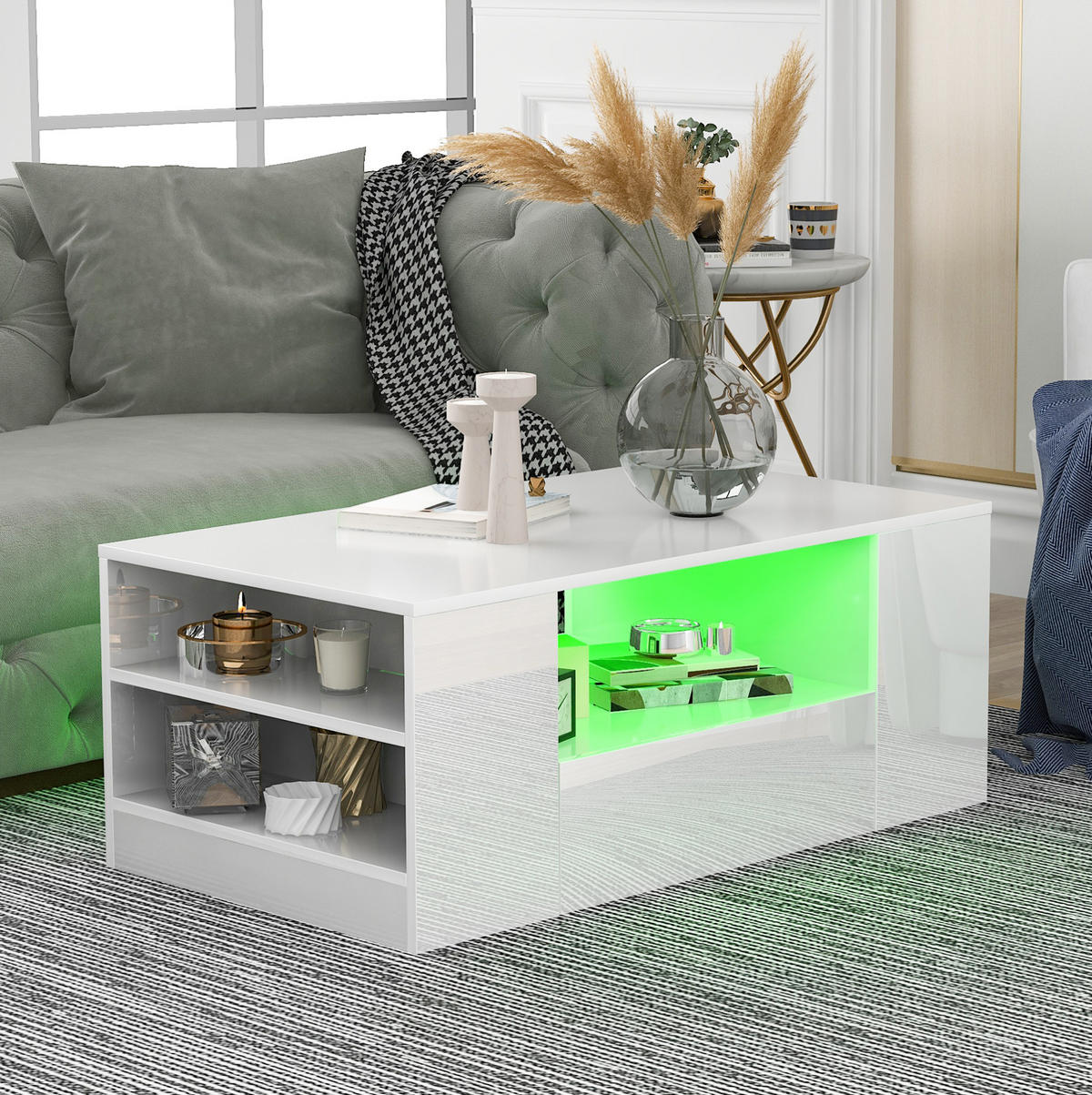 COUCHTISCH 95/53/37 cm mit 2 Schubladen, 2 Fächern und LED-Beleuchtung in Hochglanz, Weiß - Weiß, Holzwerkstoff (95/53/37cm) - Redom