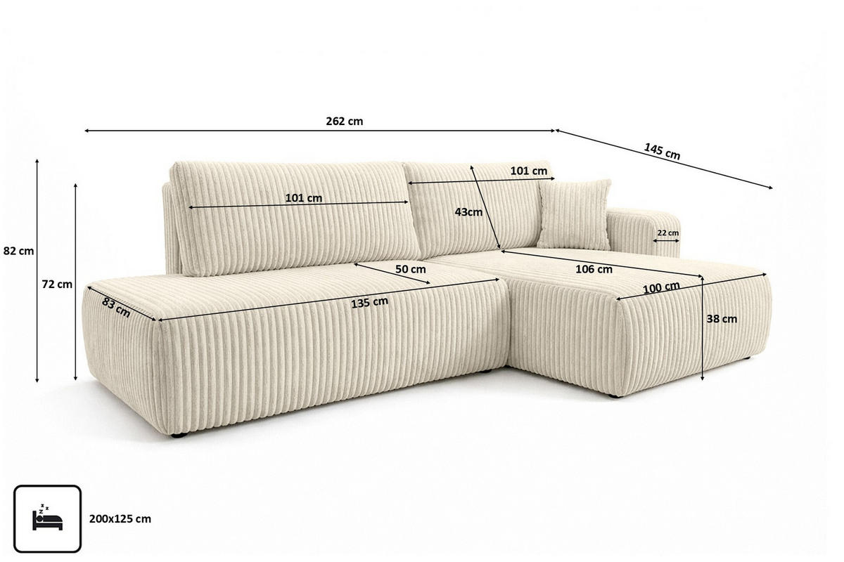 ECKSOFA Mit Schlaffunktion Und Bettkasten, Cordstoff Tilia, Ecru, Rechts, OPEN XL - Ecru, Holz (262/145cm) - Kaiser Möbel