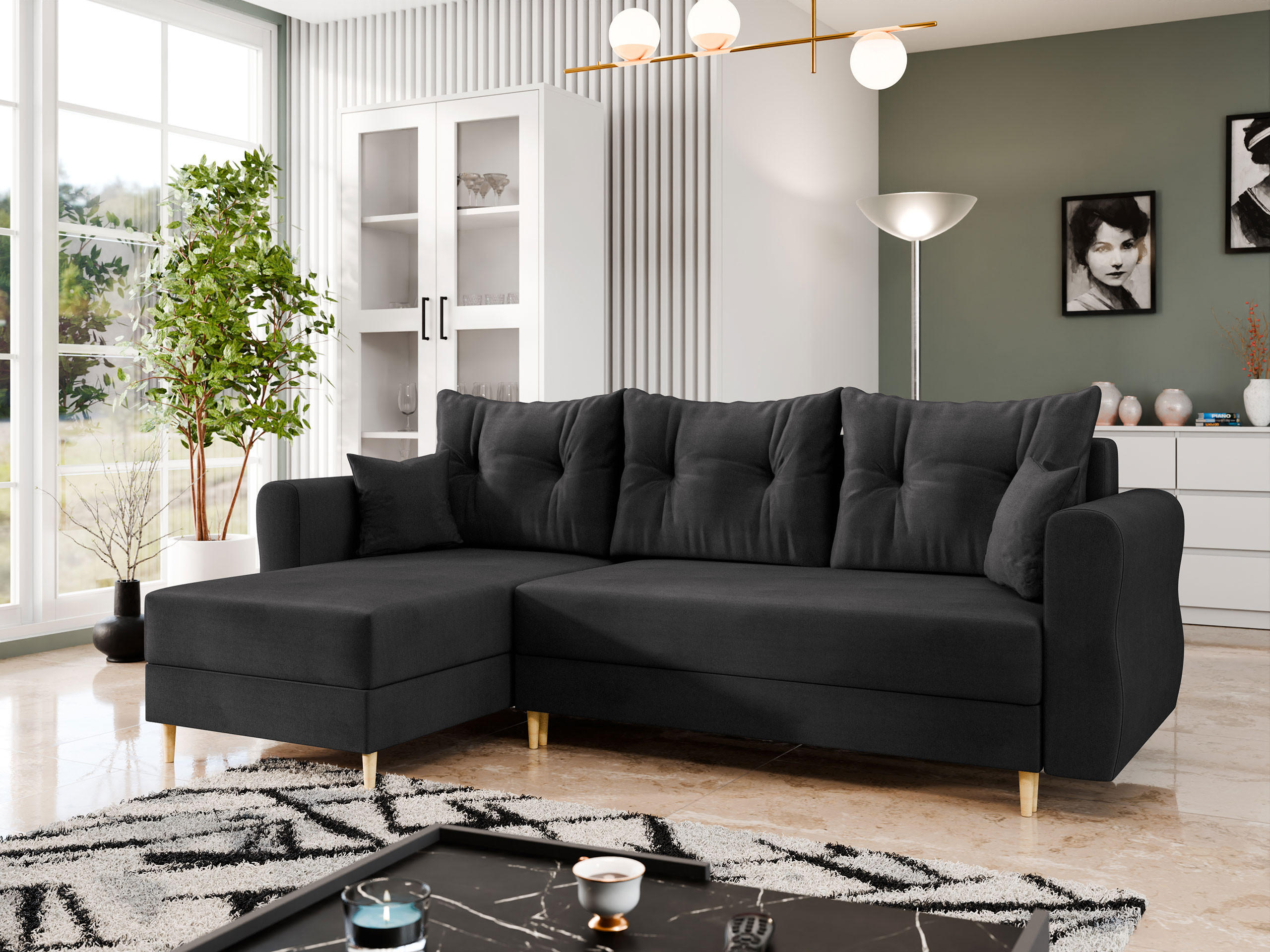 ECKSOFA Zako L - Schwarz/Naturfarben, Holz/Textil (238/138cm) - MIRJAN24