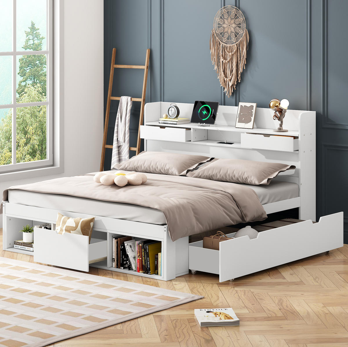 JUGENDBETT aus Kiefernholz 140x200 cm Weiß mit Stauraum, USB- und Typ-C-Anschluss - Weiß, Holz (140/200cm) - IVMEU