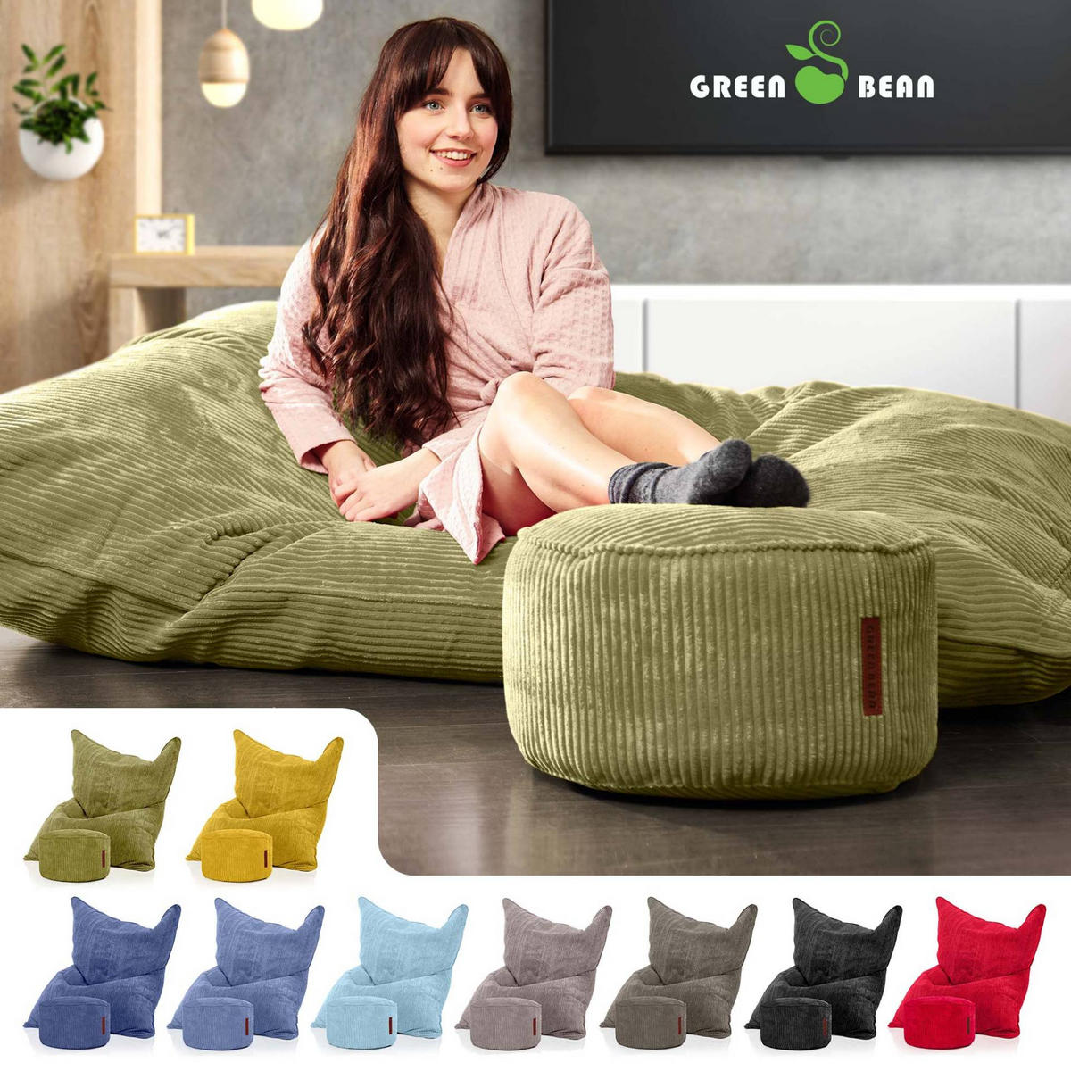 SITZSACK XXL "Square" + Pouf aus Cord - Grün, Textil (140/25/180cm) - Green Bean