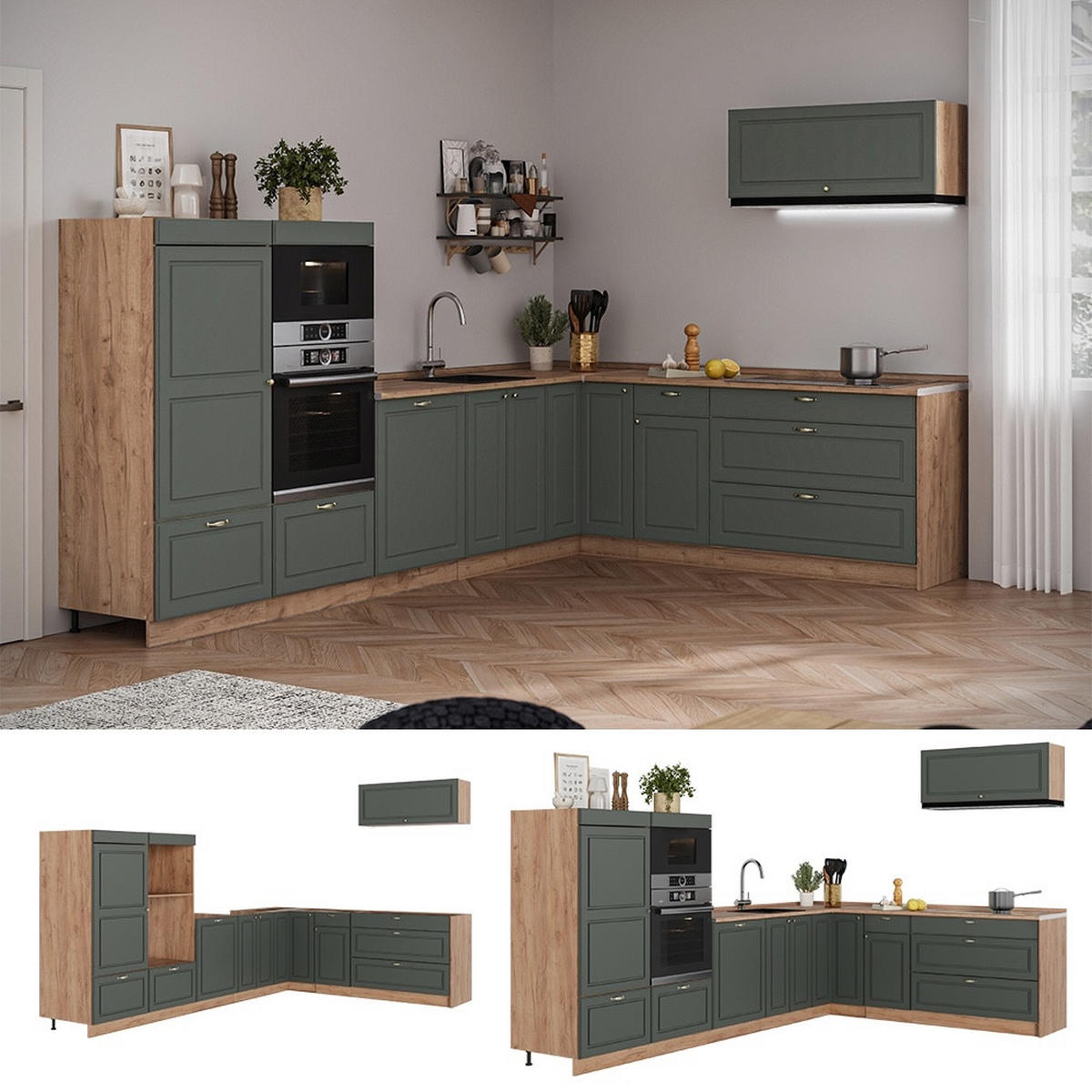 HÖRNKÖK Fame-Line, Grönt och guld lanthus/Goldkraft ek, 327 x 227 cm AP Marble - Grön/Honungsek, Träbaserade material (327/153.6/60cm) - Vicco