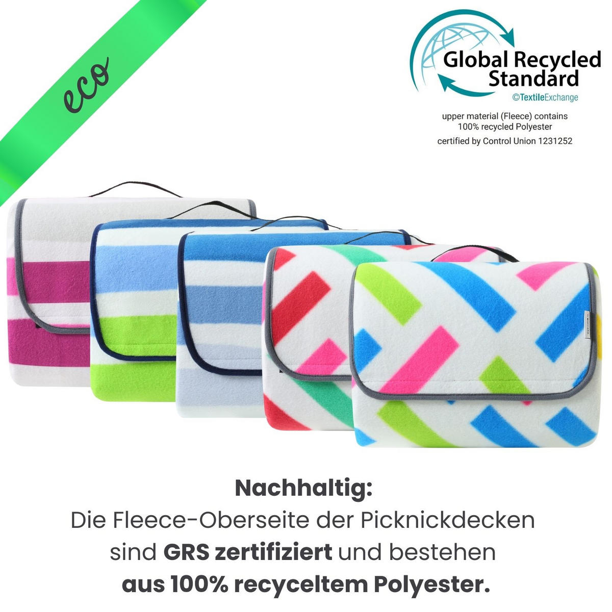 PICKNICKDECKE XXL 200x200 ecoline 100% recyceltes Fleece Grafik blau - Blau/Pink, Textil (200/200cm) - wometo