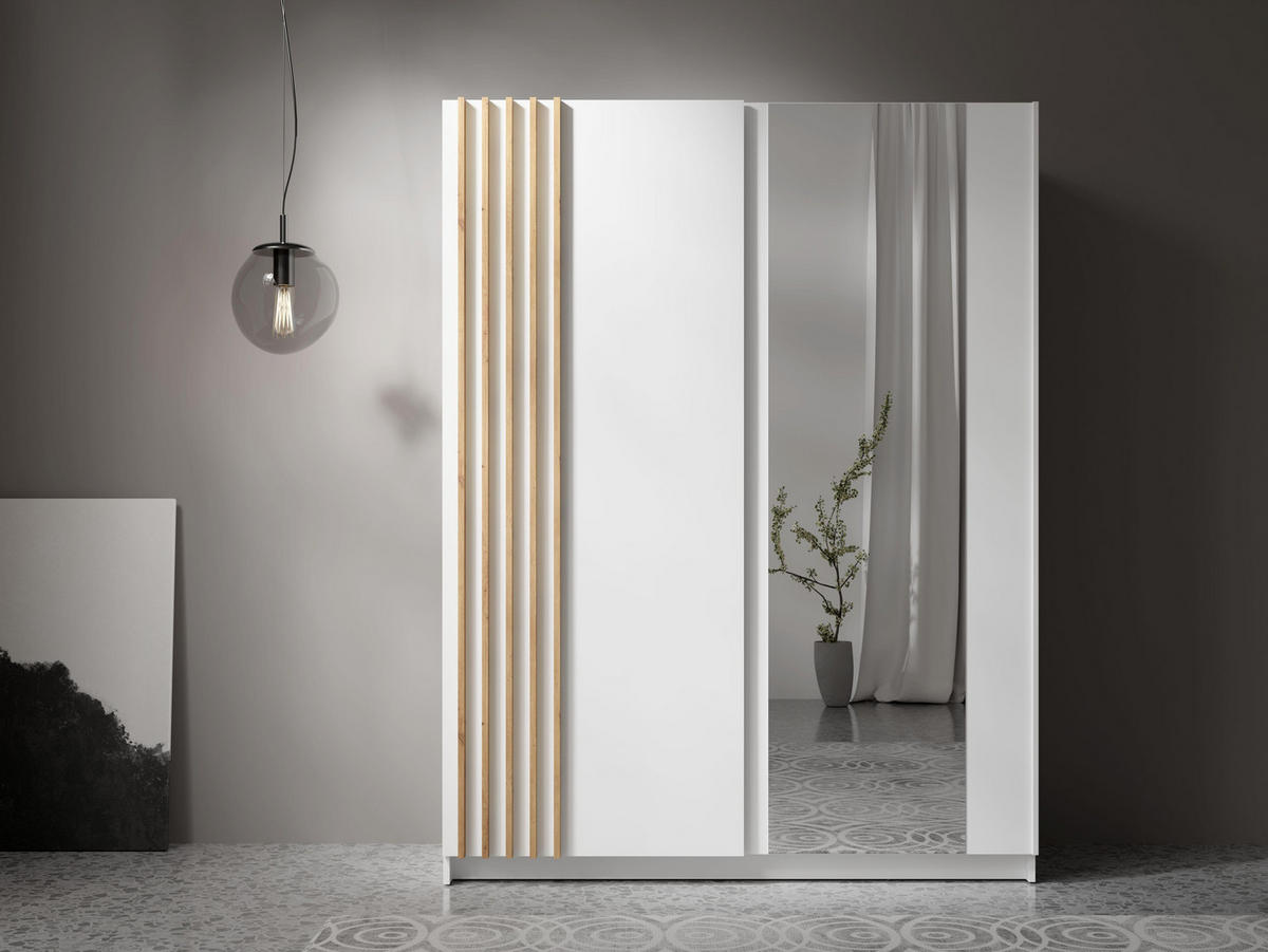 KLEIDERSCHRANK Beralto Weiß 150/198,5/63,5 cm – mit Spiegel und Lamellenfront - Weiß, Holzwerkstoff (150/198.5/63.5cm) - AX Living