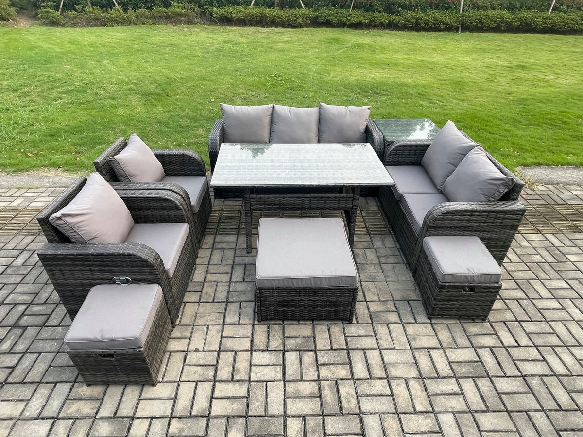 GARTENMÖBELSET mit Esstisch,3-Sitzer Sofa,3 Hockern,Beistelltisch Polyrattan Dunkelgrau 10-Sitzer - Dunkelgrau/Grau, Glas/Kunststoff - Fimous