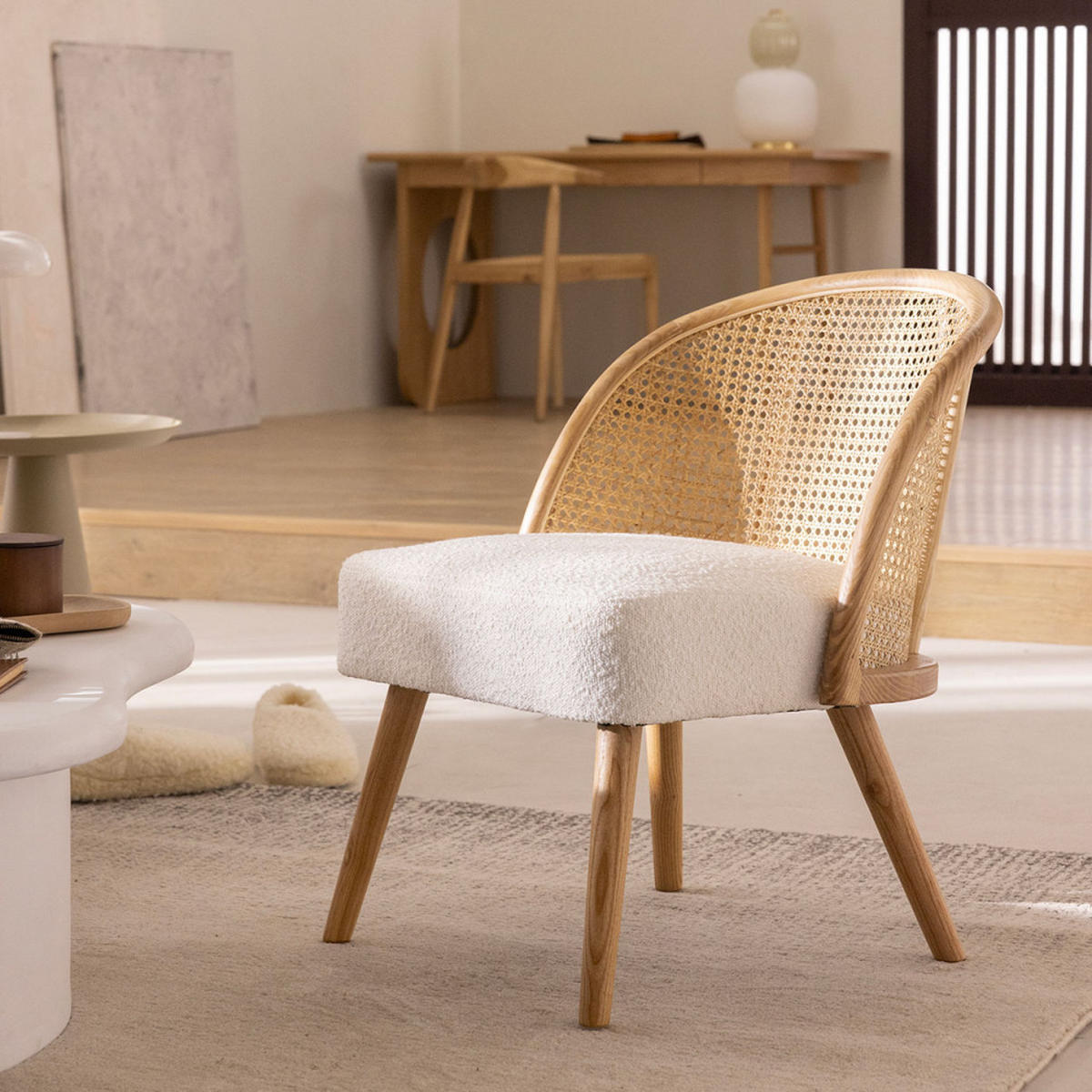 SESSEL aus Bouclé-Stoff und Rattan - CANDICE - color_white - Weiß, Textil (61/69/54cm) - Drawer