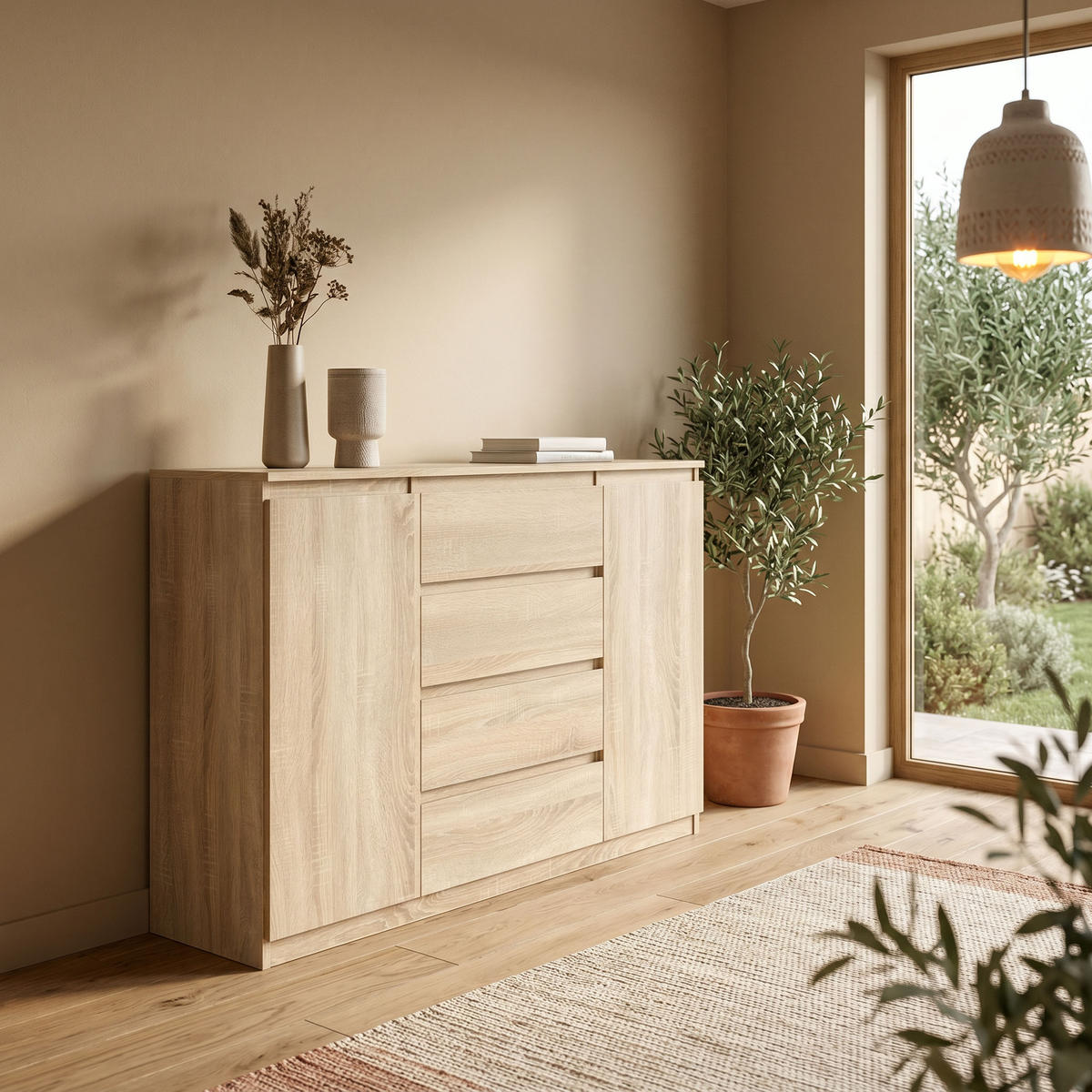 KOMMODE NUDO 120/101,5/39cm mit 4 Schubladen 2 Türen Sonoma Eiche - Sonoma Eiche, Holzwerkstoff (120/101.5/39cm) - MASSENO
