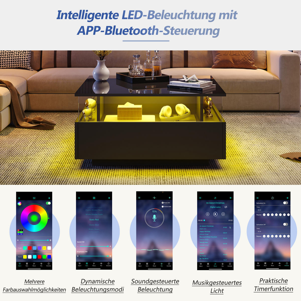 COUCHTISCH in Schwarz Hochglanz-LED-Kaffeetisch mit 2 Schubladen für Wohnzimmer, B70/T70/H41cm - Schwarz, Holzwerkstoff/Kunststoff (70/70/41cm) - STILVORA