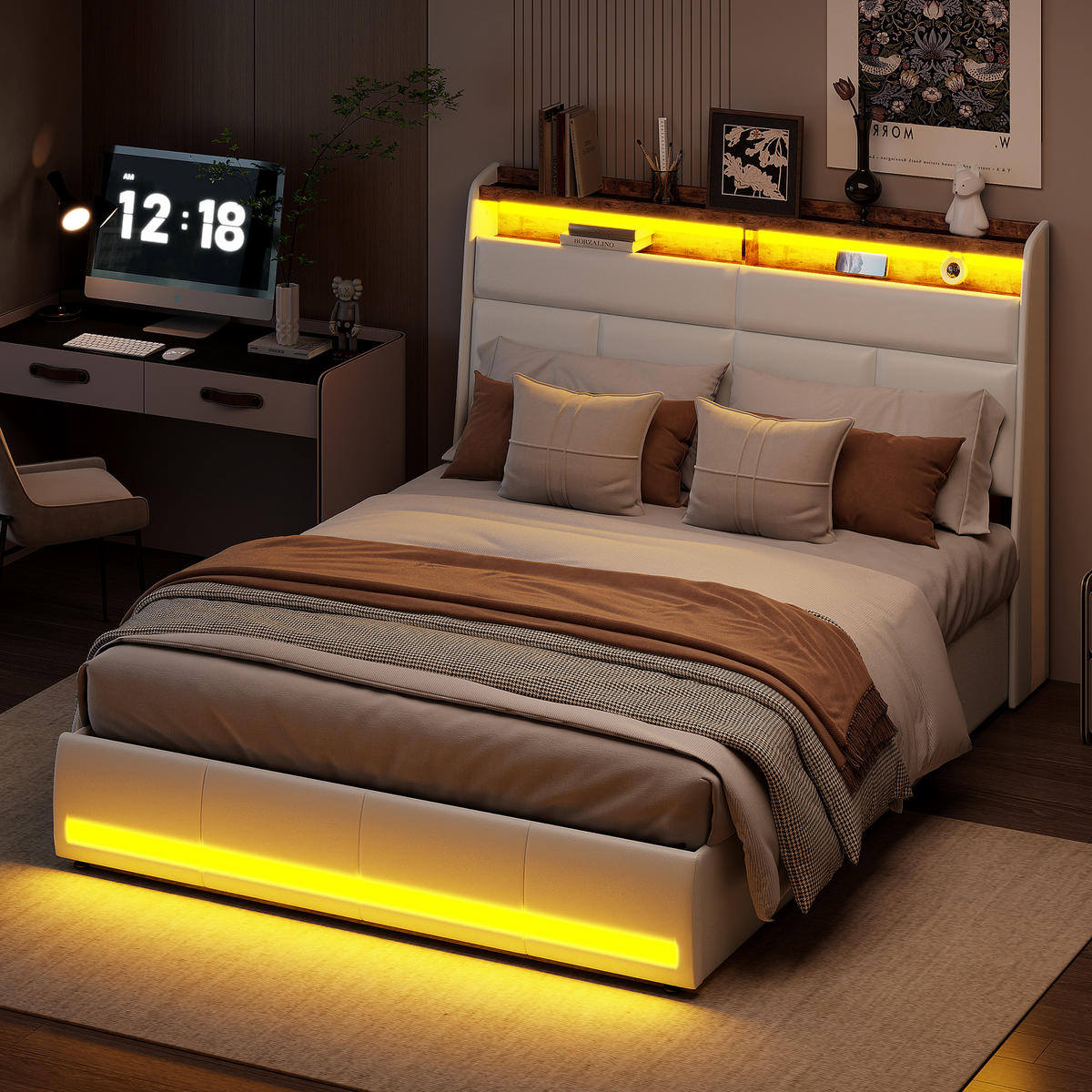 POLSTERBETT 160x200 cm, Weiß, Doppelbett mit LED-Beleuchtung - Weiß, Textil/Metall (160/200cm)