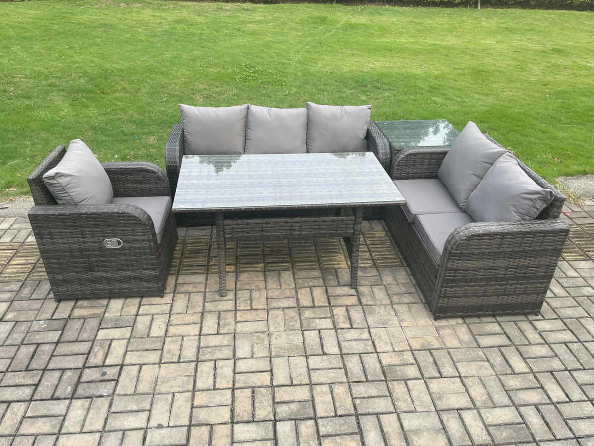 GARTENTISCHGRUPPE mit Liegestuhl,Hocker,Beistelltisch Polyrattan 6-Sitzer - Dunkelgrau/Grau, Glas/Kunststoff - Fimous