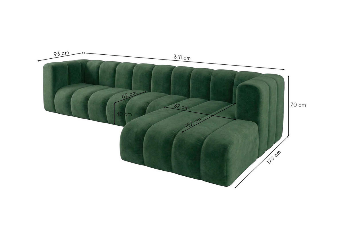 ECKSOFA Modulares In L-Form, Velvet-Stoff Riviera, Grün, Rechts, GRAND 318 cm - Grün, Holz (318/179cm) - Kaiser Möbel
