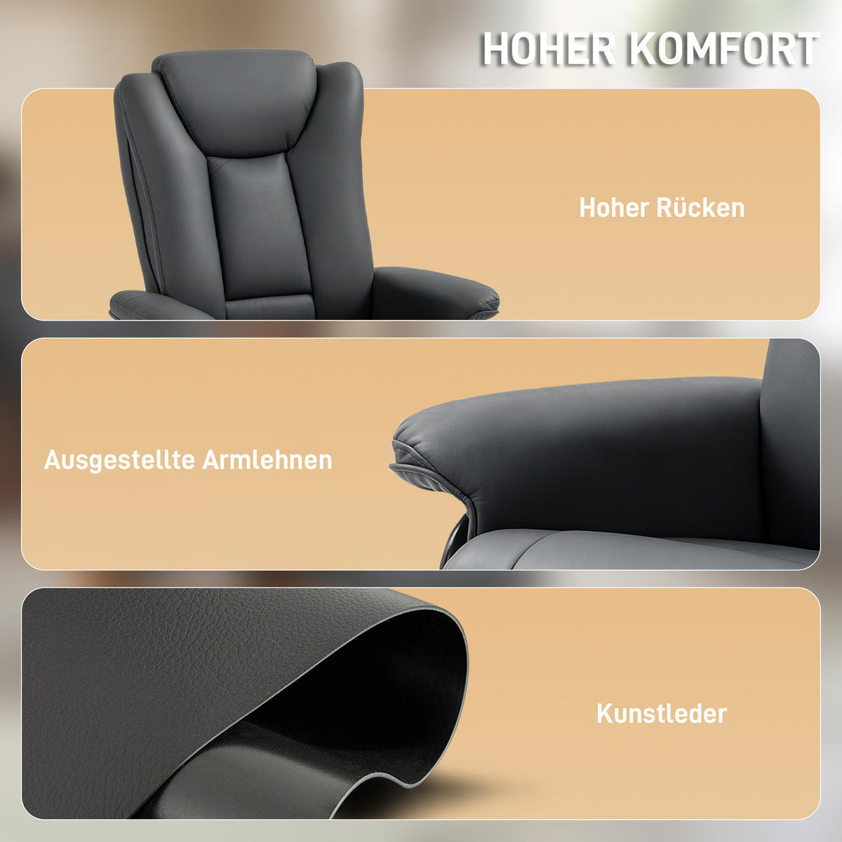 RELAXSESSEL, drehbarer TV-Sessel, Liegefunktion, Fußstütze Lederoptik Dunkelgrau - Dunkelgrau, Leder/Holzwerkstoff (88/103/78cm) - HOMCOM