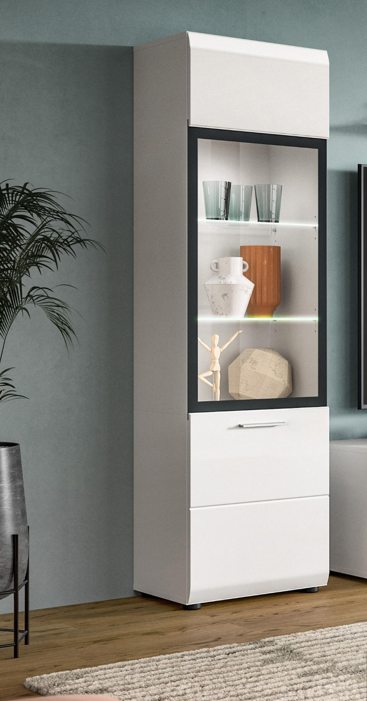 VITRINE weiß Hochglanz 45 x 160 cm, Vitrinenschrank mit 6 Fächern - Weiß Hochglanz/Silberfarben, Glas/Holzwerkstoff (45/160/34cm) - Inn.Furn