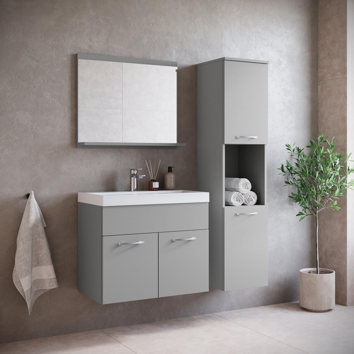 BADMÖBEL-SET Montreal 4 Teile Grau Matt - 60 x 35 x 51 cm - Grau, Holz (60/51/35cm) - Badplaats