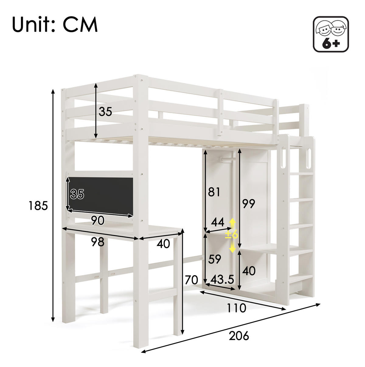 HOCHBETT 90/200 cm in Weiß mit Schreibtisch, Kreidetafel und offenem Kleiderschrank - Weiß, Holzwerkstoff (90/200cm) - Flora Grace