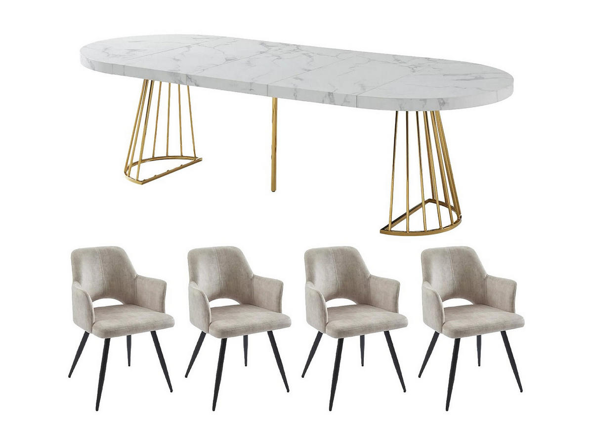 SET Tisch FIRELA + 4 Stühle KADIJA - Marmor-Optik - Weiß & Beige - Weiß, Holz (260/76/110cm) - Vente-Unique