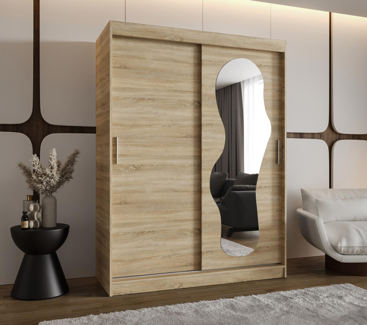 SCHWEBETÜRENSCHRANK 200/150/62 2-türig - Silberfarben/Sonoma Eiche, Holz (150/200/62cm) - MÖBEL KRYSPOL