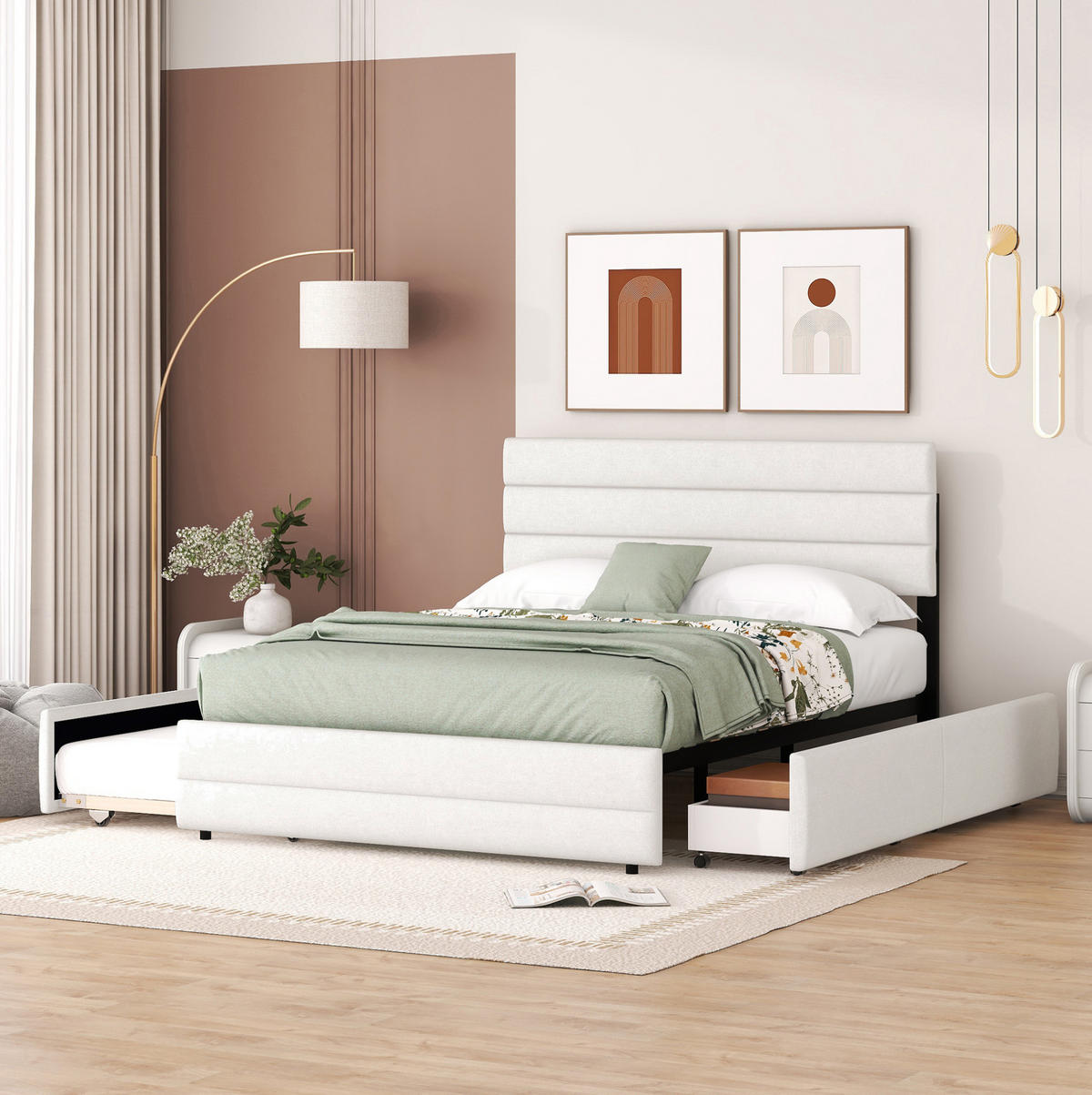 POLSTERBETT aus Leinen und MDF 140x200 cm Beige mit Ausziehbett und 2 Schubladen - Beige, Textil (140/200cm) - IVMEU