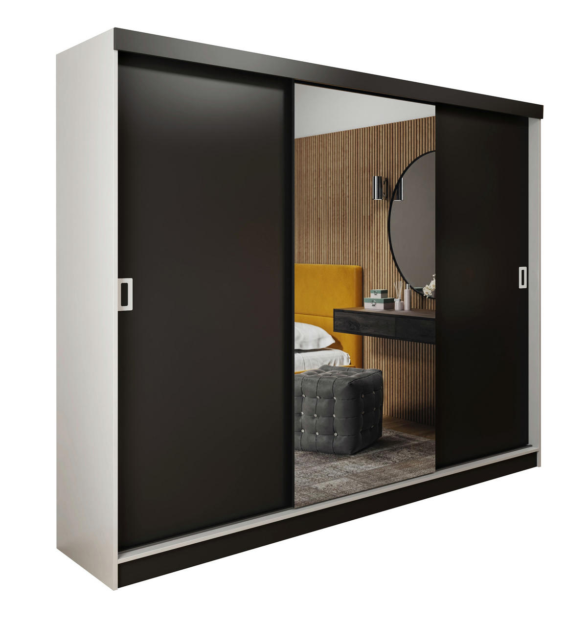 SCHIEBETÜRENSCHRANK RETRO 1 200 - Weiß + Schwarz 200x205x59cm - Schwarz/Weiß, Holzwerkstoff (200/205/59cm) - Kier Furniture