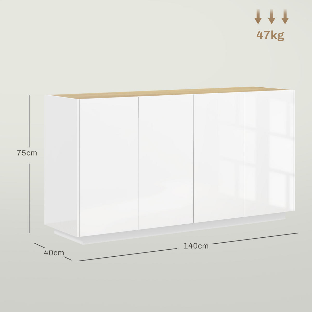 SIDEBOARD Weiß-Lack, Kiefer-Nachbildung, 4 Türen, 140/40/75 cm - Weiß Hochglanz, Holz (140/75/40cm) - PANGIVO