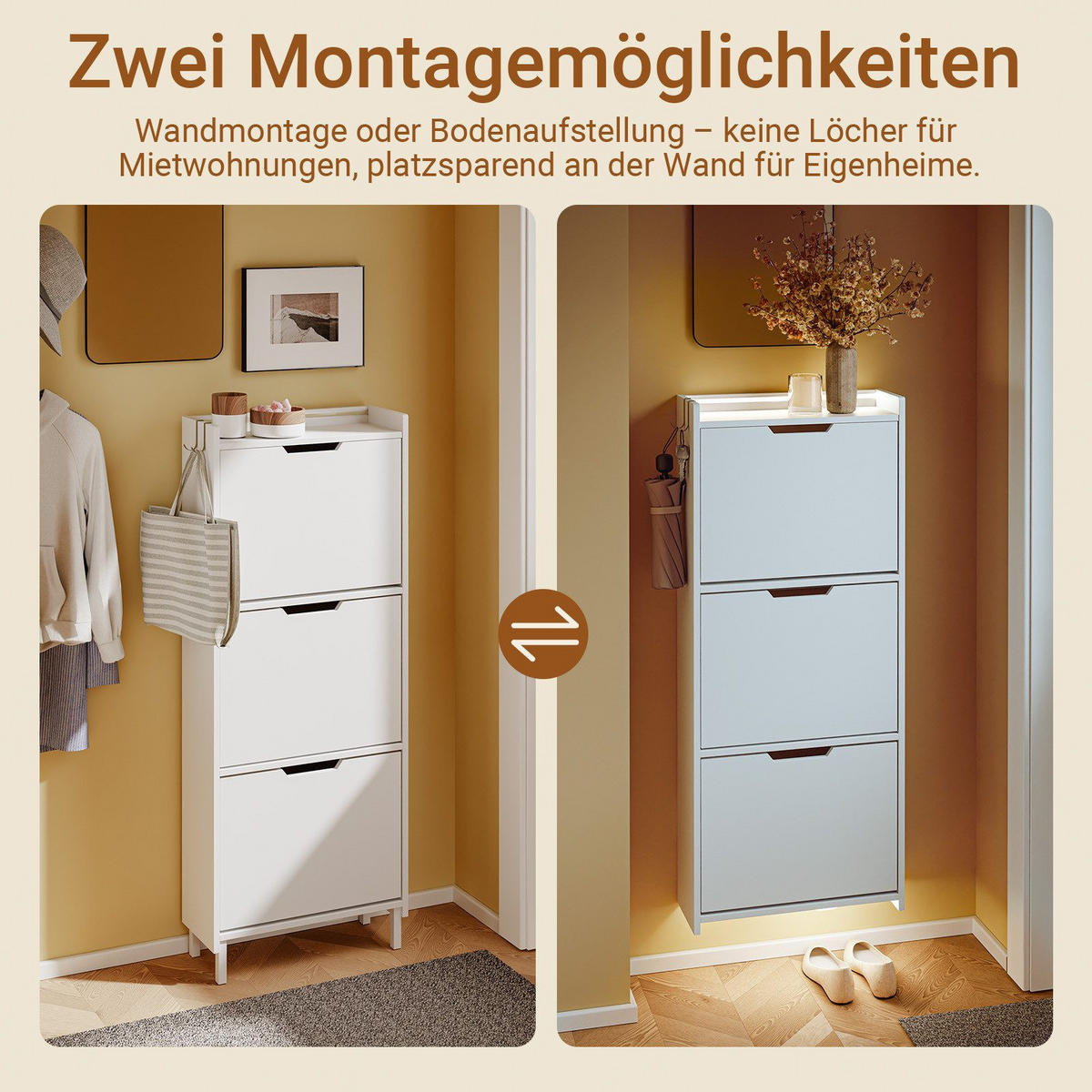 SCHUHSCHRANK mit 3 Klappen und Sensorlicht Weiß 50x19x131cm - Weiß, Holzwerkstoff (19/131/50cm) - SoBuy