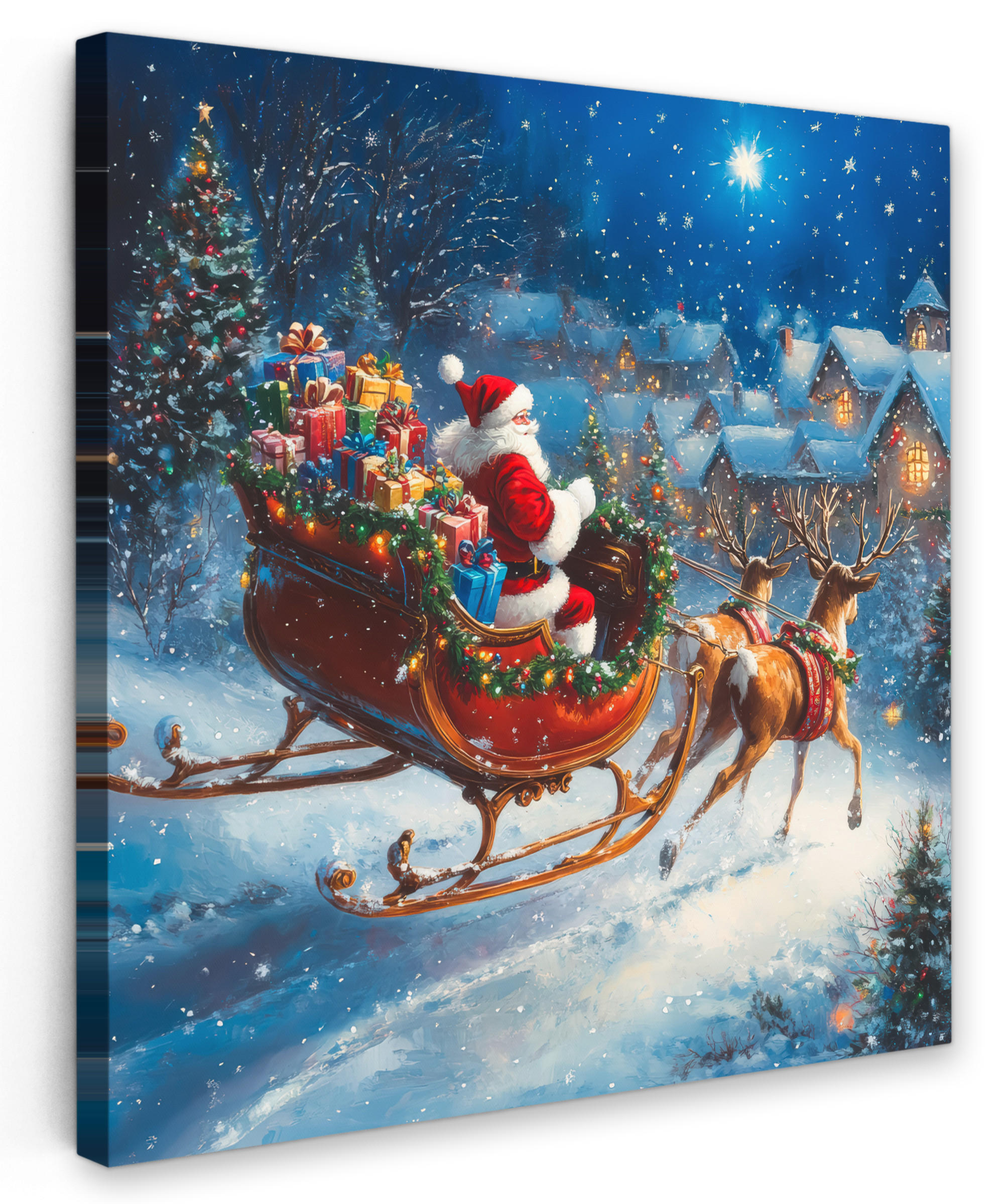 LEINWANDBILD Weihnachtsmann - Rentier - Weihnachten - Schnee 90x90 cm - Cognac, Textil (90/90cm) - MuchoWow