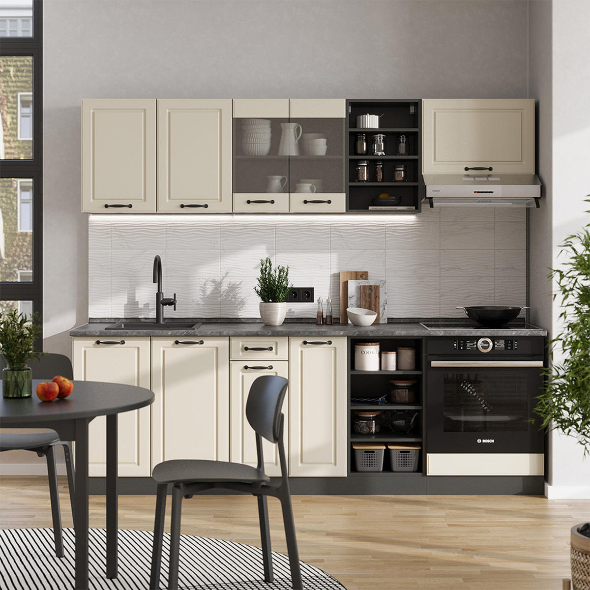 KÜCHENZEILE R-Line, Sand Landhaus/Anthrazit, 240 cm Arbeitsplatte Goldkraft Eiche - Beige/Anthrazit, Holzwerkstoff (240/206.8/60cm) - Vicco