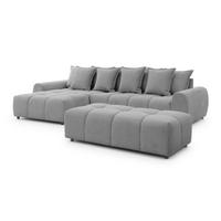 ECKSOFA inkl. Hocker Bubble mit Schlaffunktion und losen Rückenkissen, Sitzfläche in Bubble-Optik aus weichem Grau Strukturstoff - Ottomane Links - Schwarz/Grau, Holz/Kunststoff (180/306cm) - S-Style Möbel