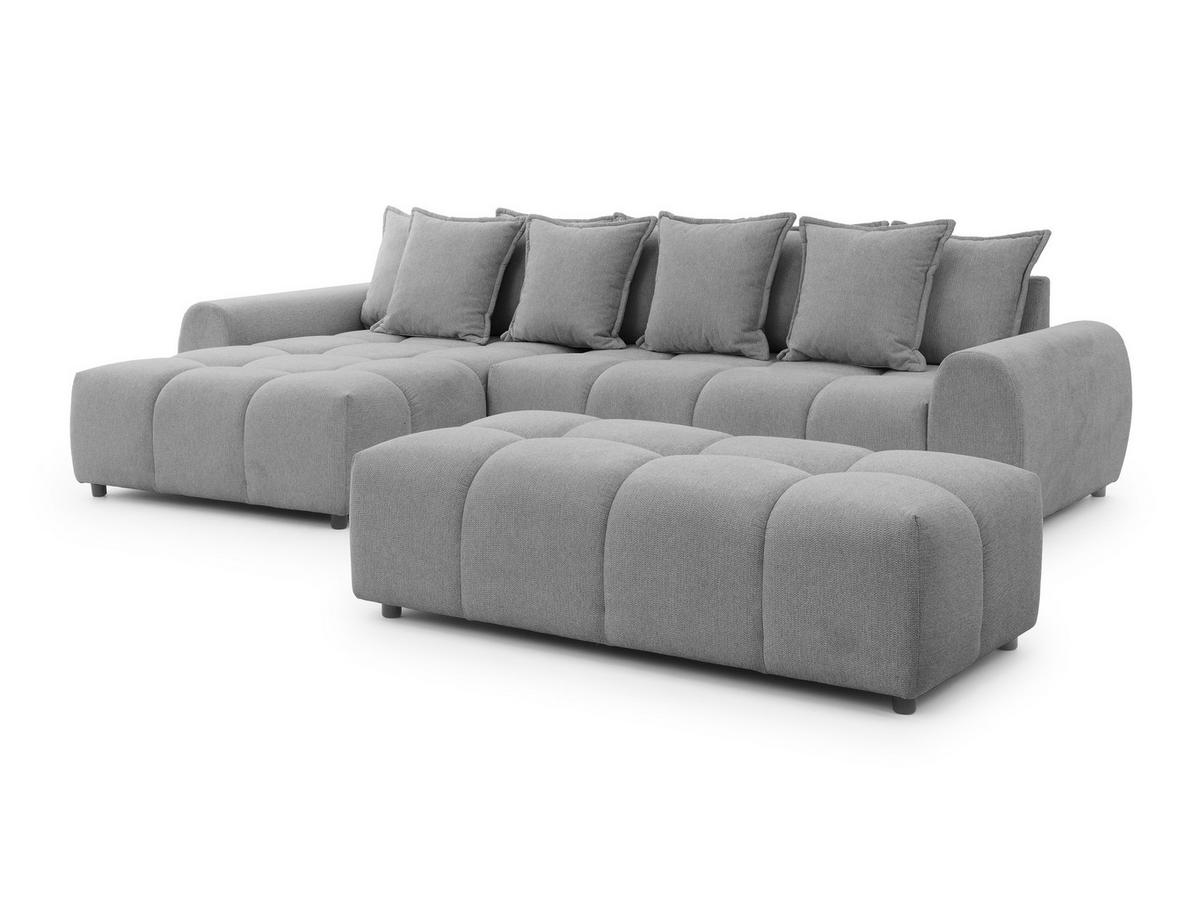 ECKSOFA inkl. Hocker Bubble mit Schlaffunktion und losen Rückenkissen, Sitzfläche in Bubble-Optik aus weichem Grau Strukturstoff - Ottomane Links - Schwarz/Grau, Holz/Kunststoff (180/306cm) - S-Style Möbel