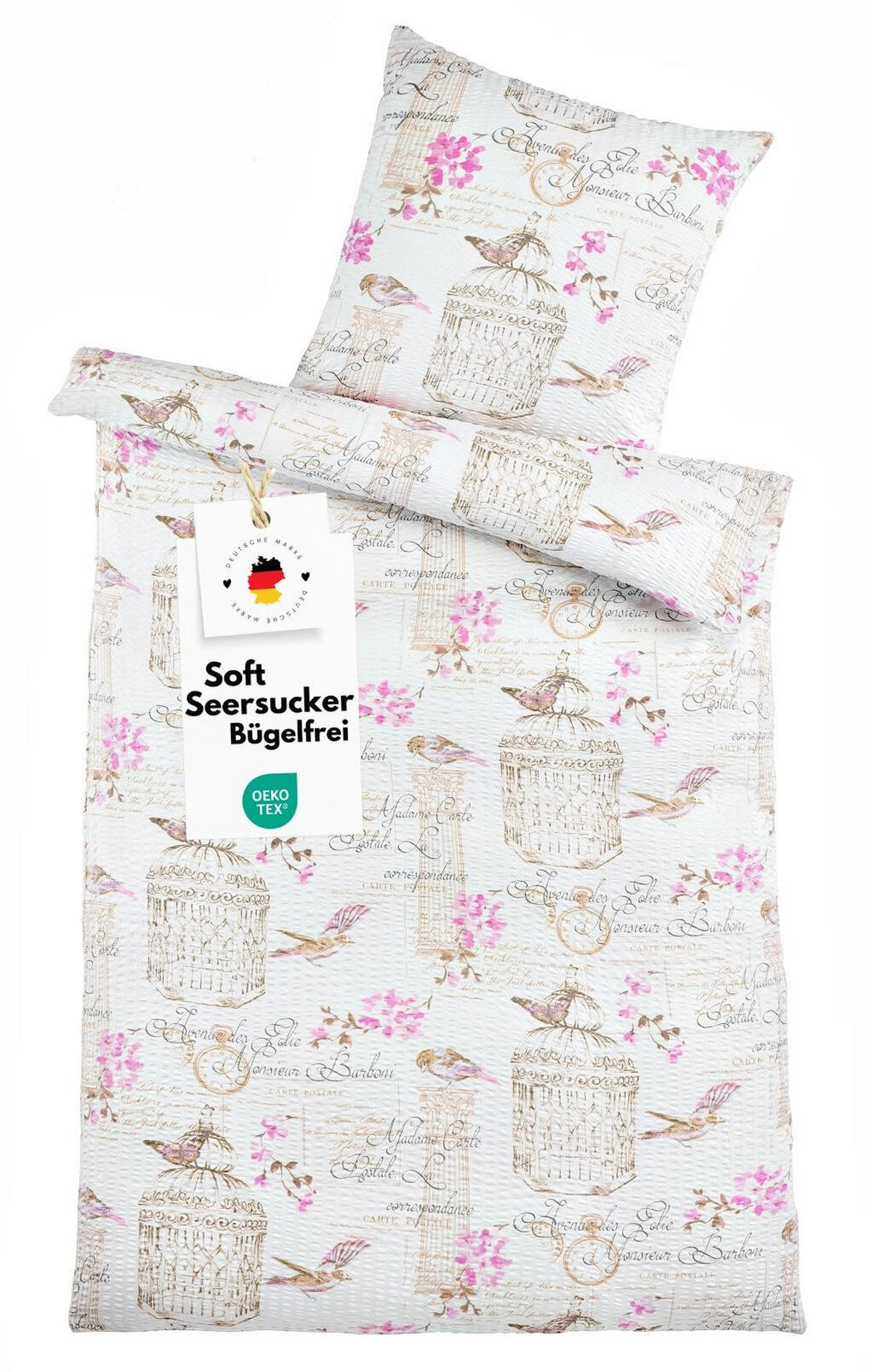 SEERSUCKER-BETTWÄSCHE 135x200 Sommer Bettbezug Bügelfrei aus Mikrofaser - Blumen Vögel Weiß Lila - Multicolor/Weiß, Textil (135/200cm) - Carpe Sonno