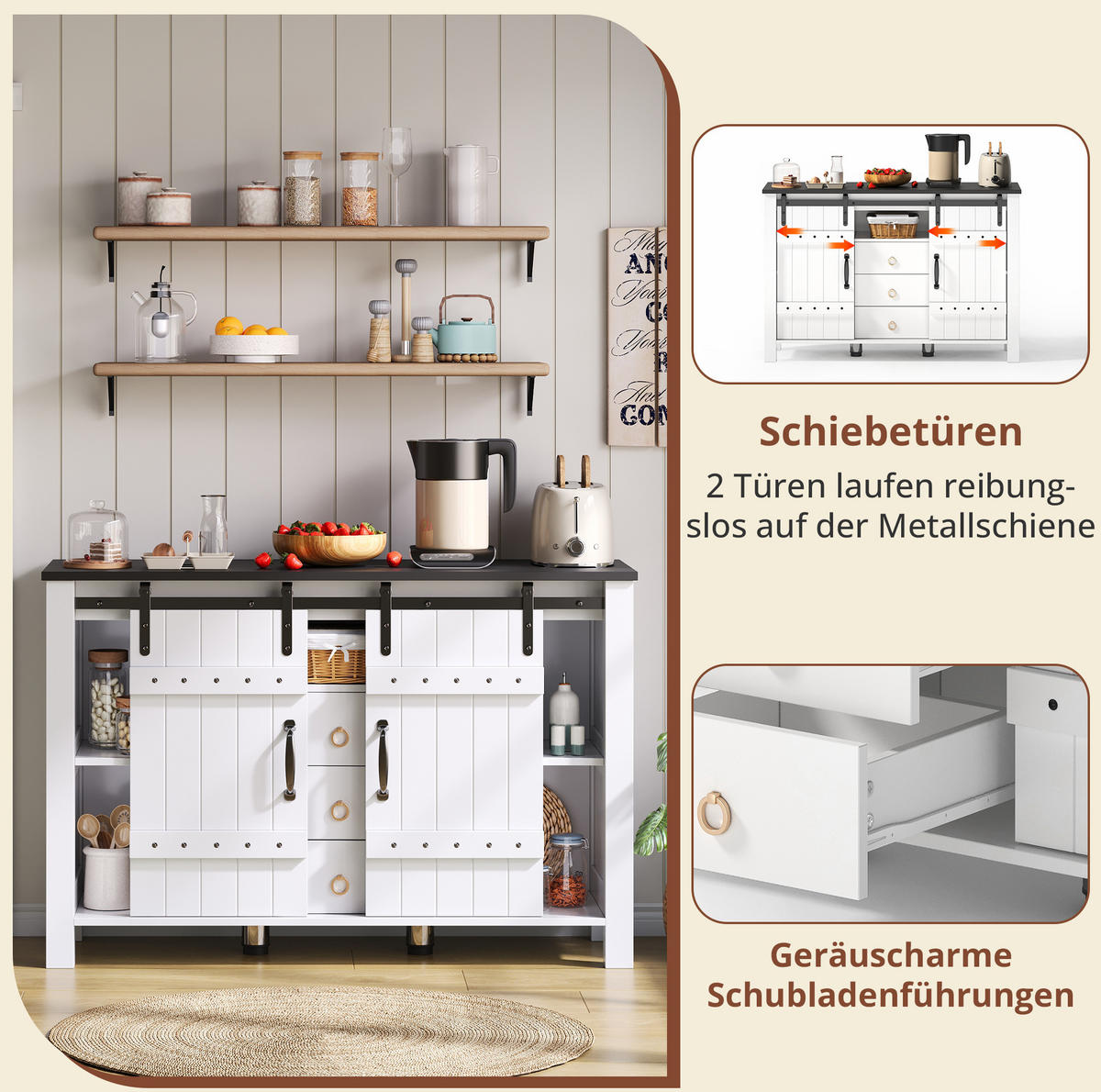 SIDEBOARD 120/40/80 cm aus MDF mit Schiebetüren und 3 Schubladen Weiß - Weiß, Holzwerkstoff (120/80/40cm) - Modenvie