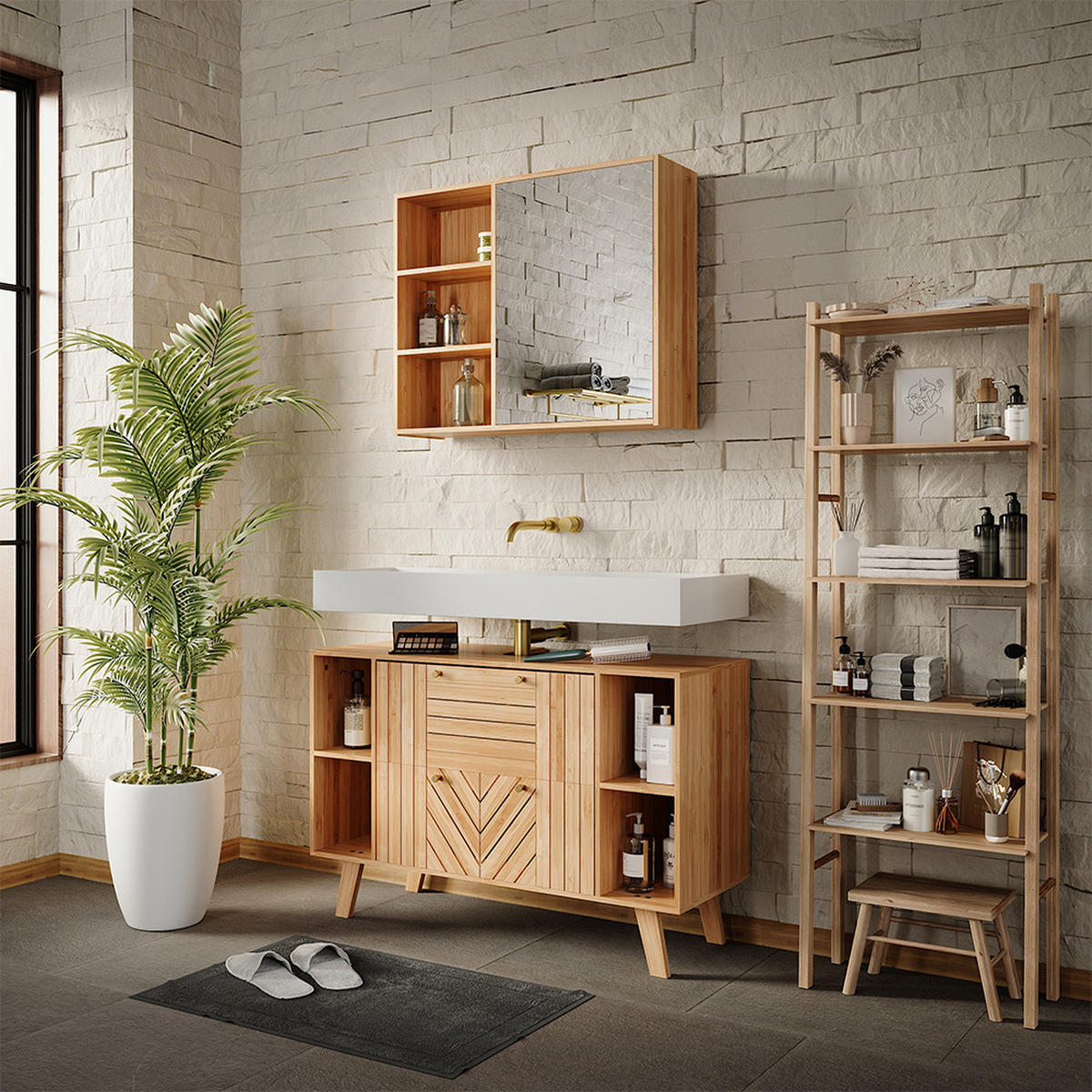 BADMÖBEL-SET Lucie Bambus 2 Teile - Grün, Holzwerkstoff (100/65/36cm) - Vicco