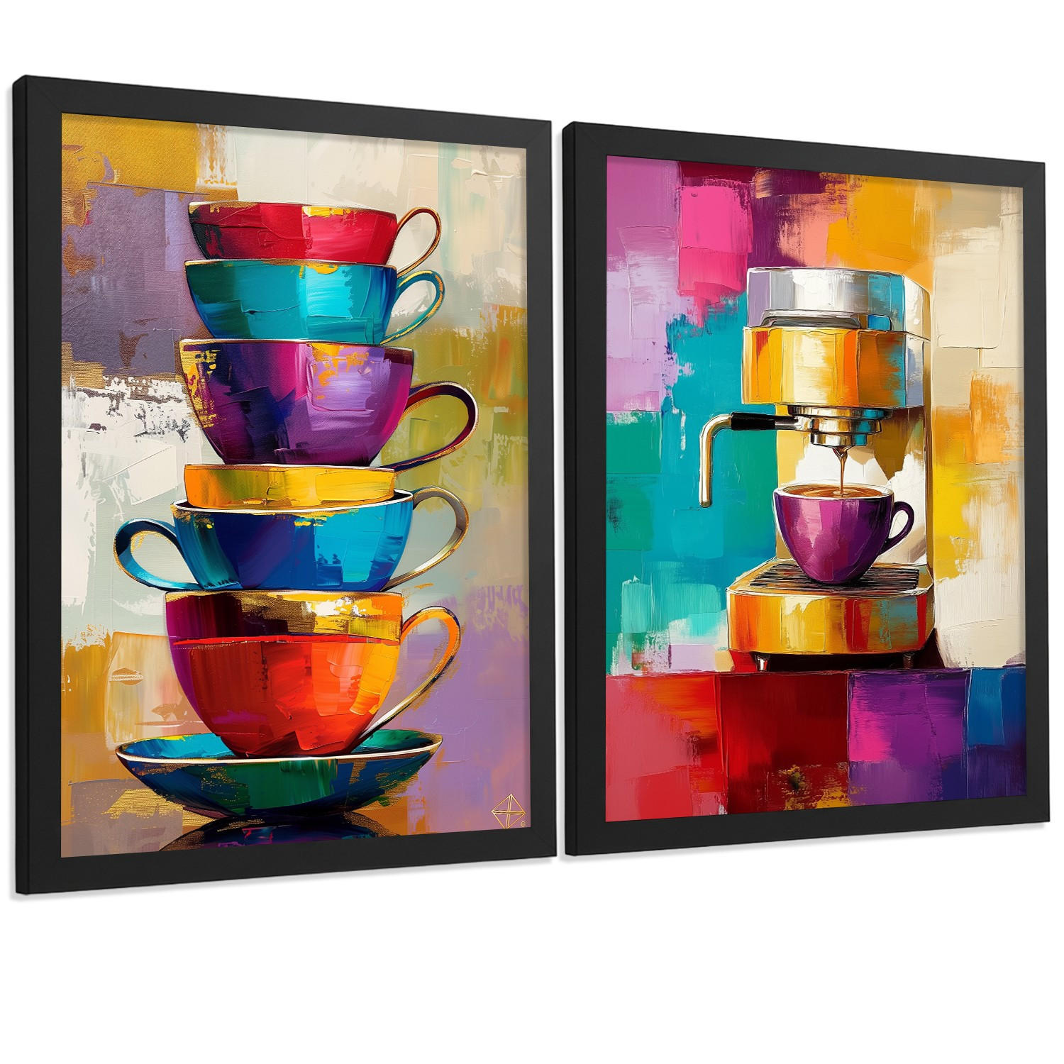 POSTER 2er Set Küchen-Wandbilder Kaffeetassen und Espressomaschine Pop Art Bunt Esszimmer Wanddeko Rahmenlos A4 - Schwarz, Papier (29.7/1/21cm) - Nacnic