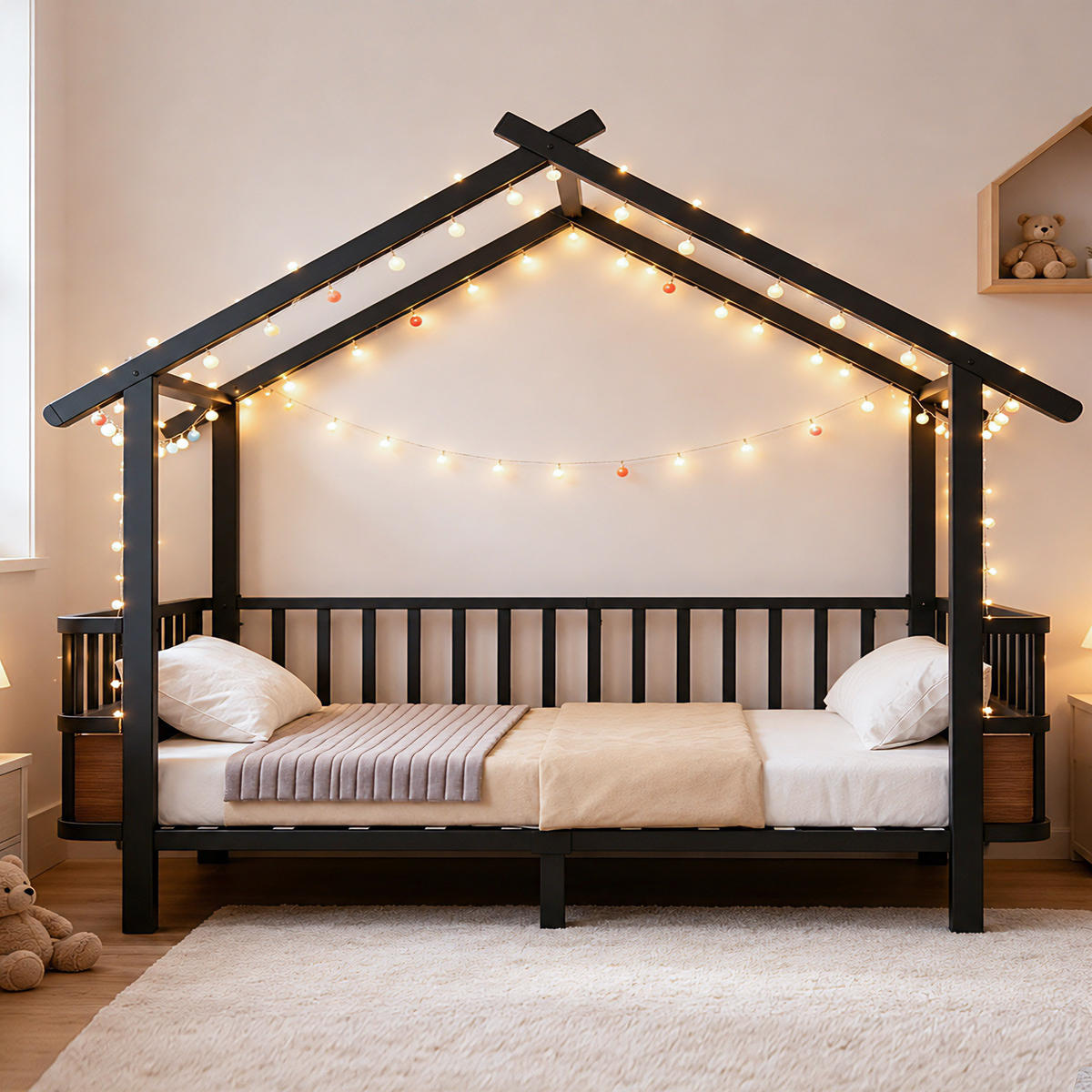 KINDERBETT 90x200cm Metall Hausbett Sicherheitsgitter Schwarz - Schwarz, Metall (90/200cm) - FLIEKS