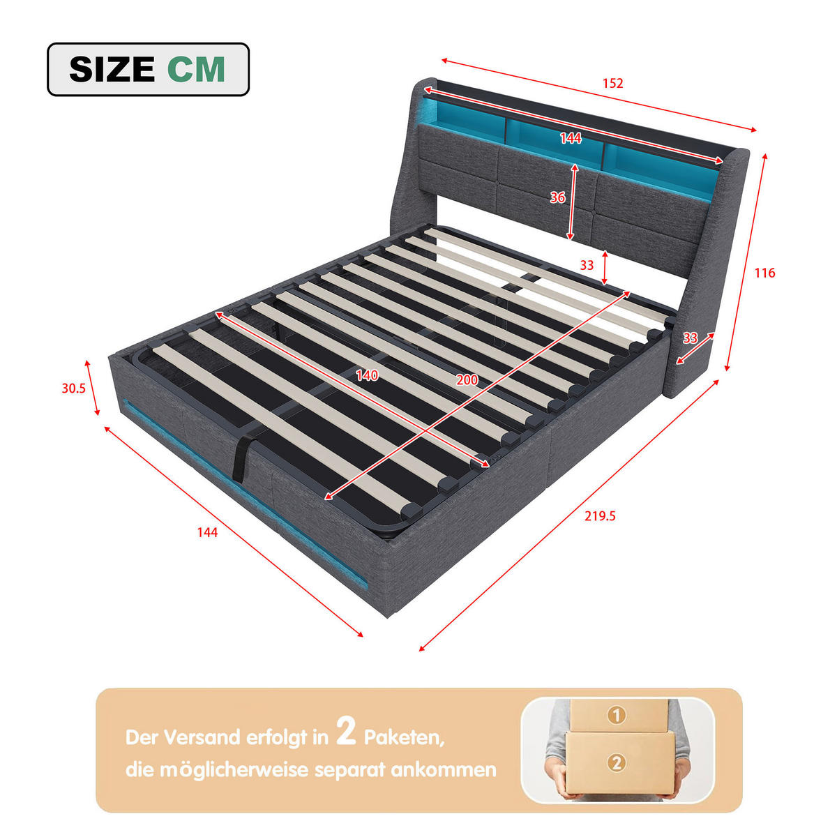 POLSTERBETT 140x200 cm mit hydraulischem Stauraum, Ambiente-LED, USB-/Typ-C-Anschlüsse, Leinenstoff, Grau - Grau, Holz (140/200cm) - BRILVERDE
