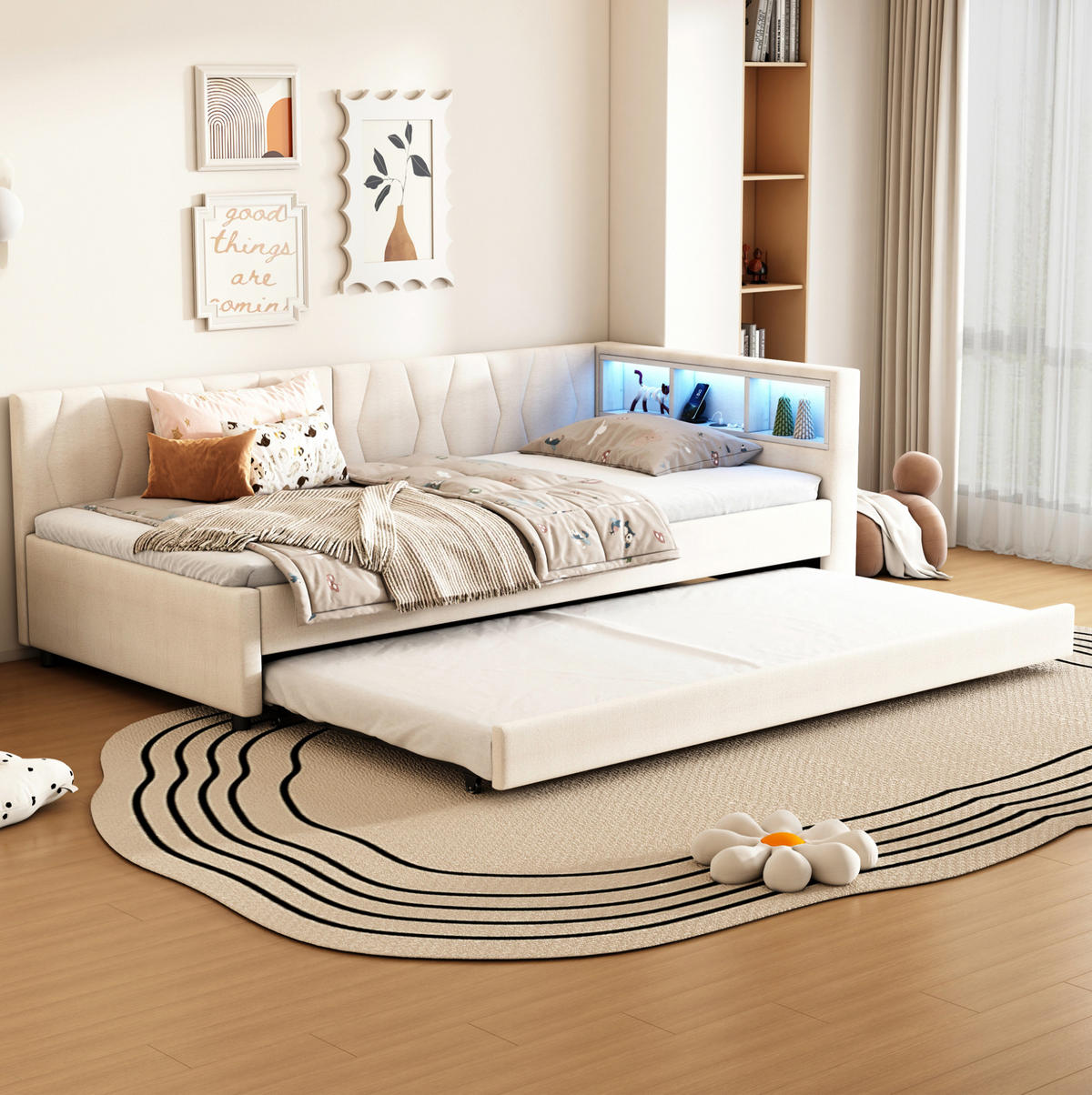 POLSTERBETT 90/200 cm Beige aus Leinen mit LED-Lichtleiste - Beige, Textil (90/200cm) - OKMYHOME