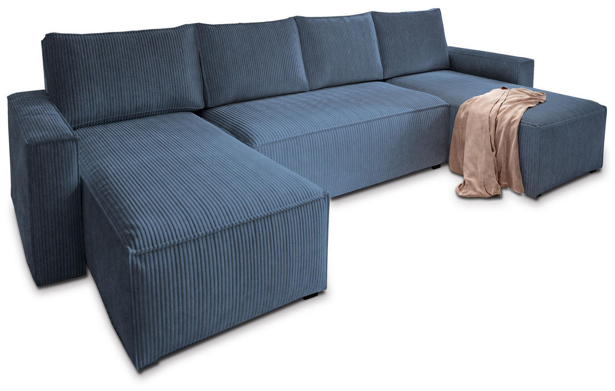 WOHNLANDSCHAFT ASPRA Blau Kordstoff mit Schlaffunktion - Blau, Holz (295/85/140cm) - MASSENO