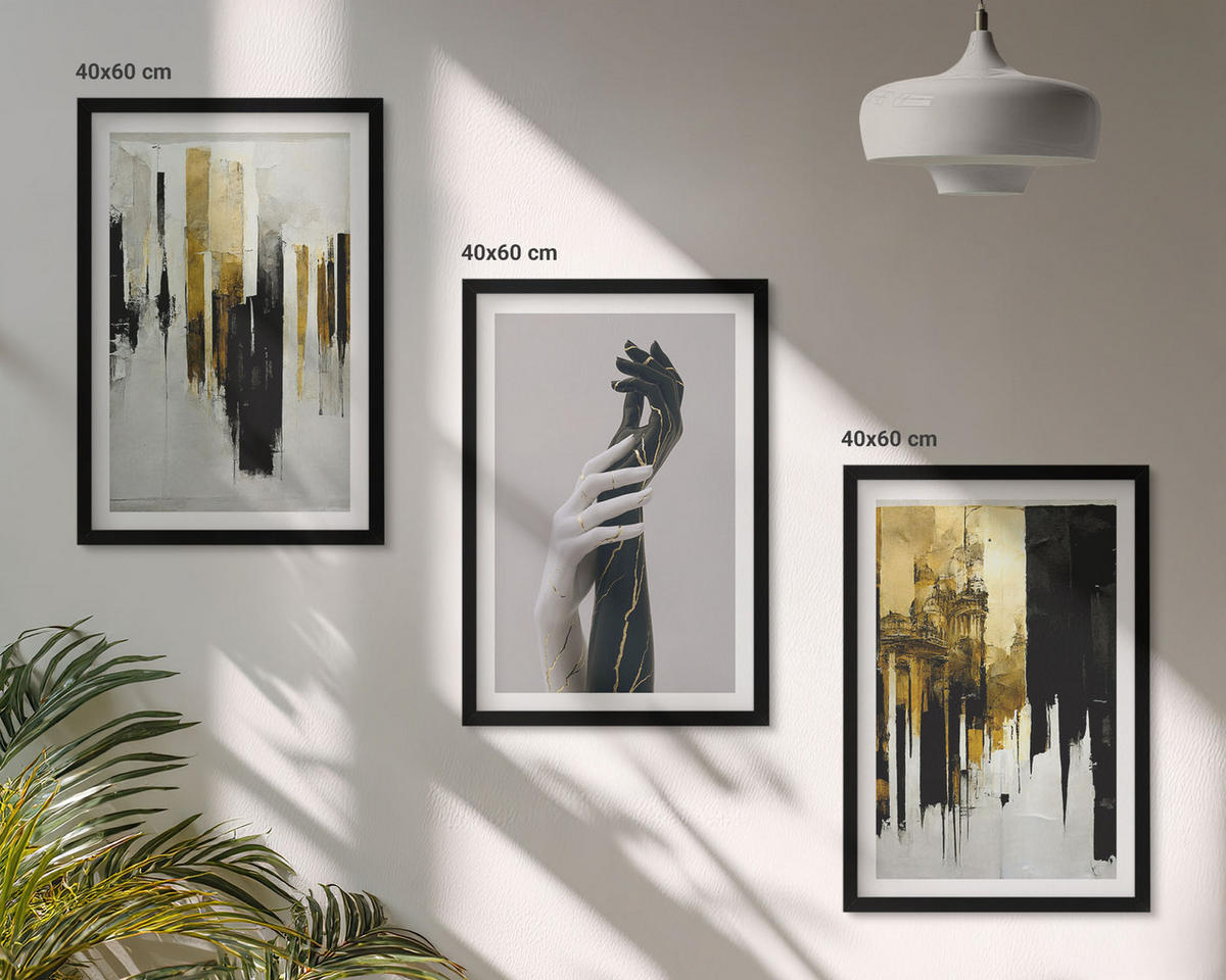 BILDER SET 3er Set - 40x60 cm Schwarzer Rahmen - Abstrakte handgemalte Muster - Schwarz, Kunststoff (40/60cm) - TULUP