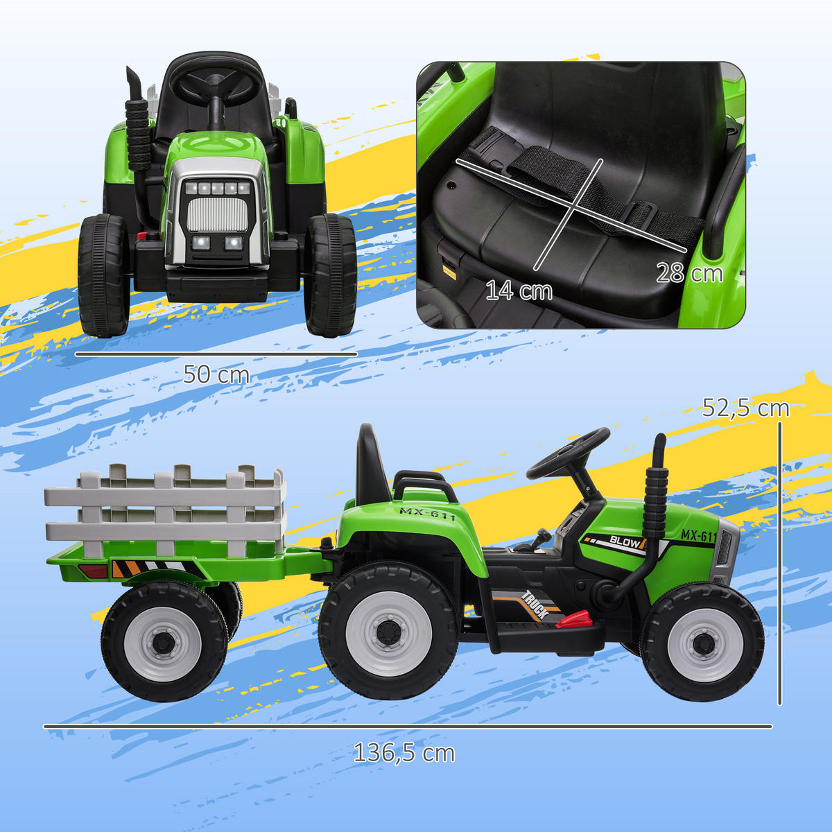 KINDER ELEKTROAUTO, Blau/Grün/Rot, Kunststoff+ Metall - Grün, Metall (136.5/50/52.5cm) - HOMCOM