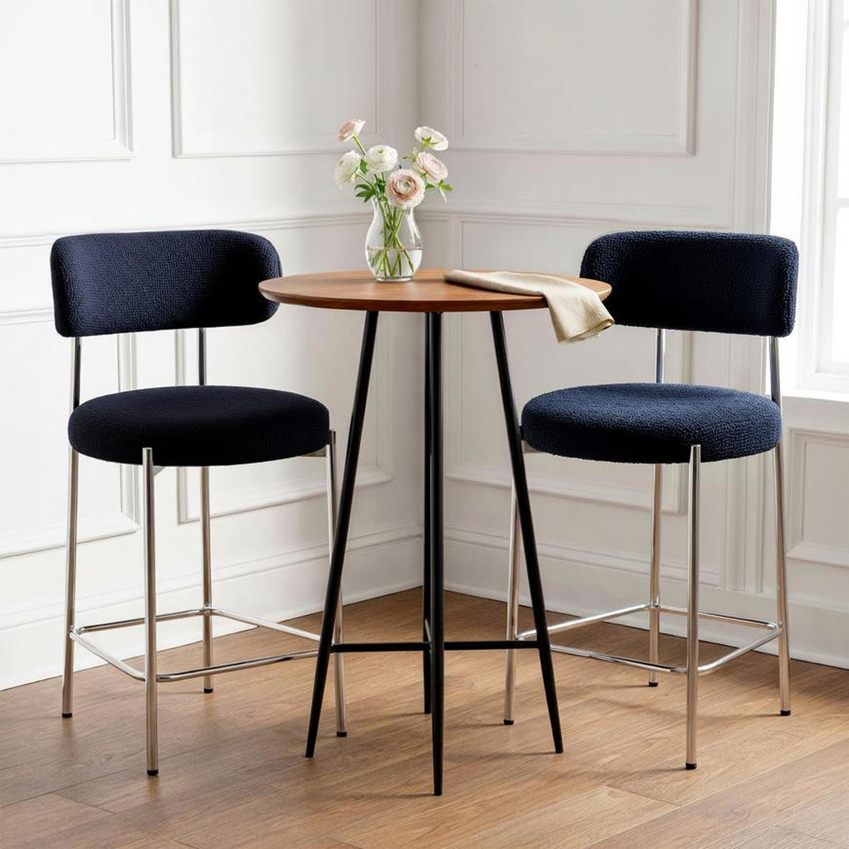 BARHOCKER 2er-Set Nova modernen Bouclé-Stil, Mitternachtsblau - Chromfarben/Dunkelblau, Textil/Metall (52/96/53cm) - Sicaan