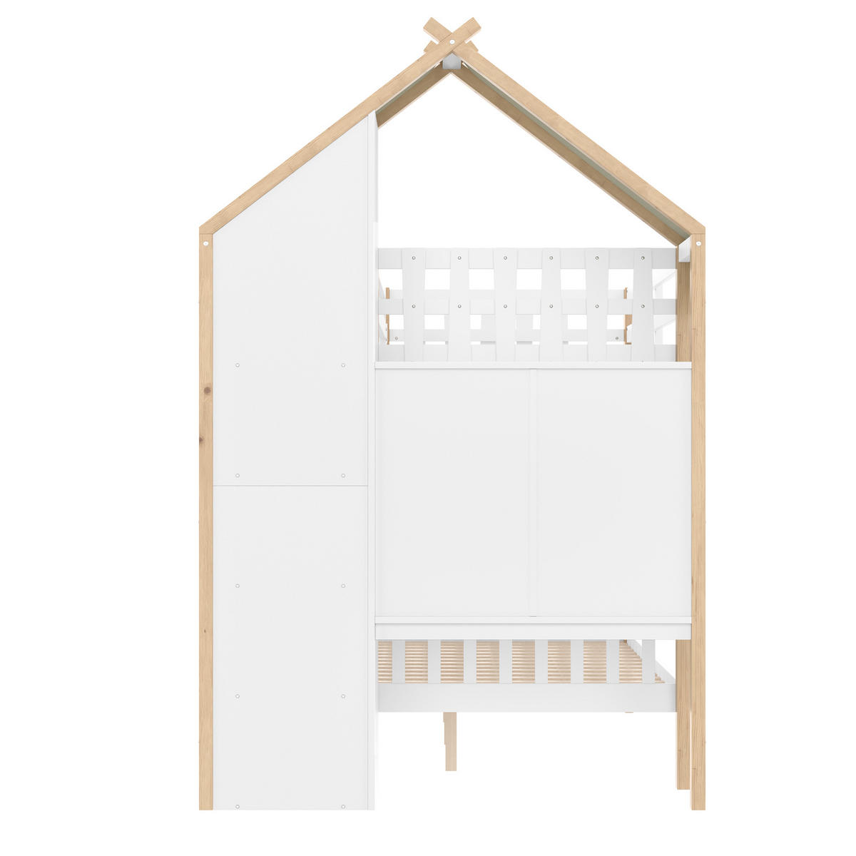 ETAGENBETT 90/200 cm Weiß + Natur mit Bettgitter, 2 Schubladen und Unregelmäßiger Zaun - Weiß, Holz (90/200cm) - Oxeza