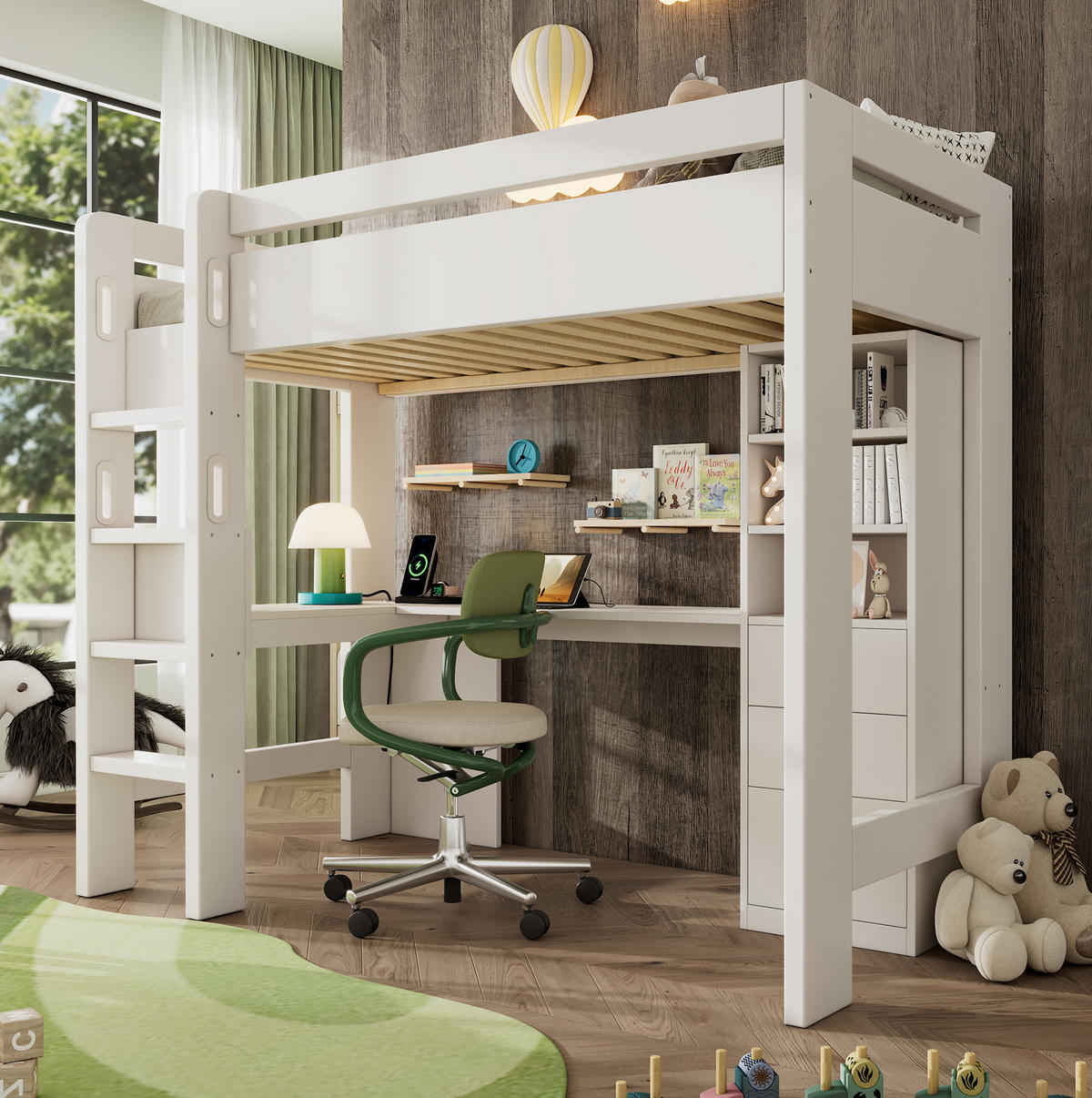 HOCHBETT 90/200 cm Weiß mit L-förmigem Schreibtisch und USB- und Type-C-Anschlüssen - Weiß, Holzwerkstoff (90/200cm) - OKWISH