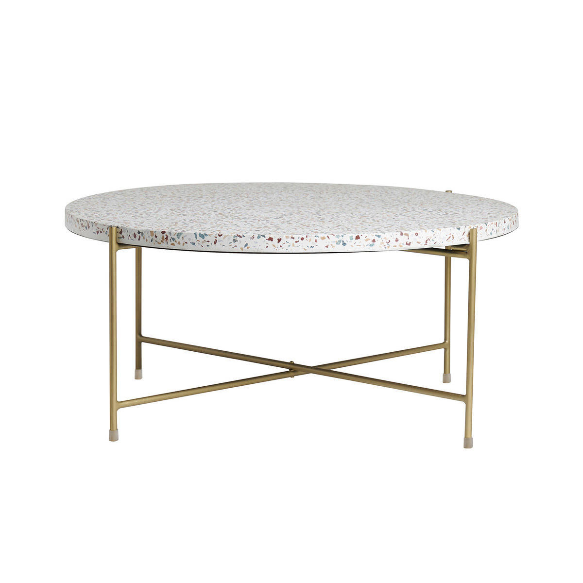 COUCHTISCH Rund Terrazzo Goldfarbenes Metall D81 cm MEZZO - Beige, Stein (81.5/81.5/35.5cm) - Miliboo